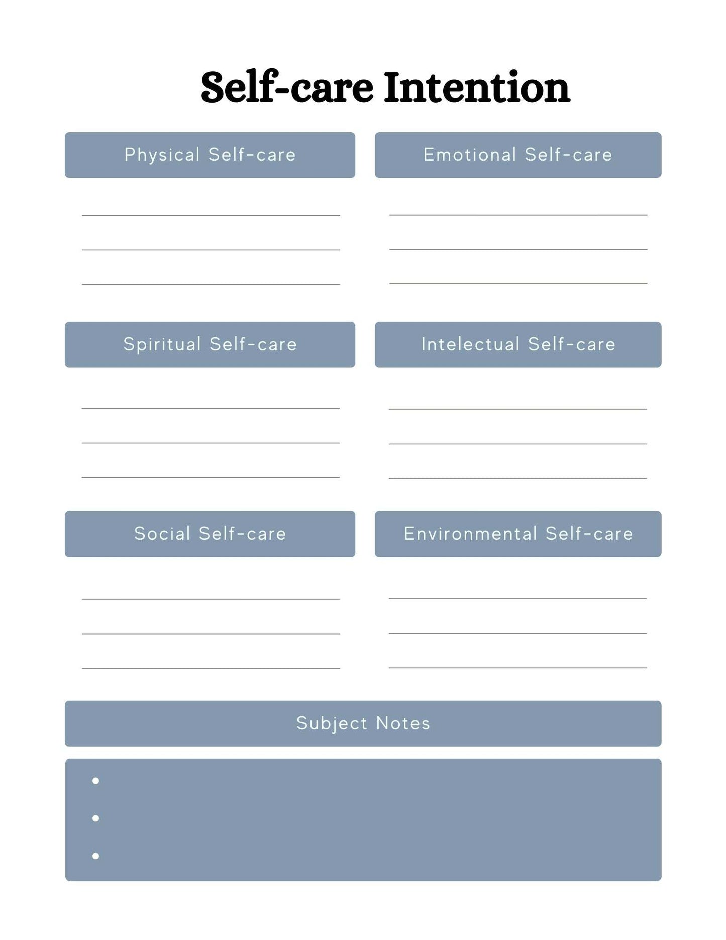 Self-care intention page in the 56-page mental health planner featuring sections for physical, emotional, spiritual, intellectual, social, and environmental self-care.