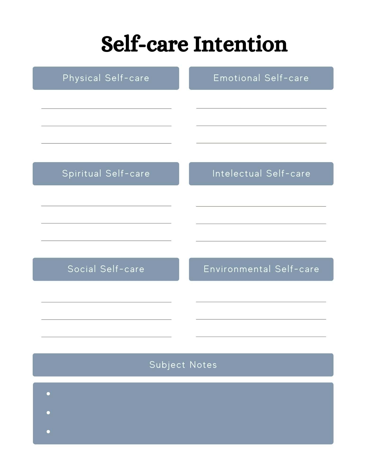 Self-care intention page in the 56-page mental health planner featuring sections for physical, emotional, spiritual, intellectual, social, and environmental self-care.