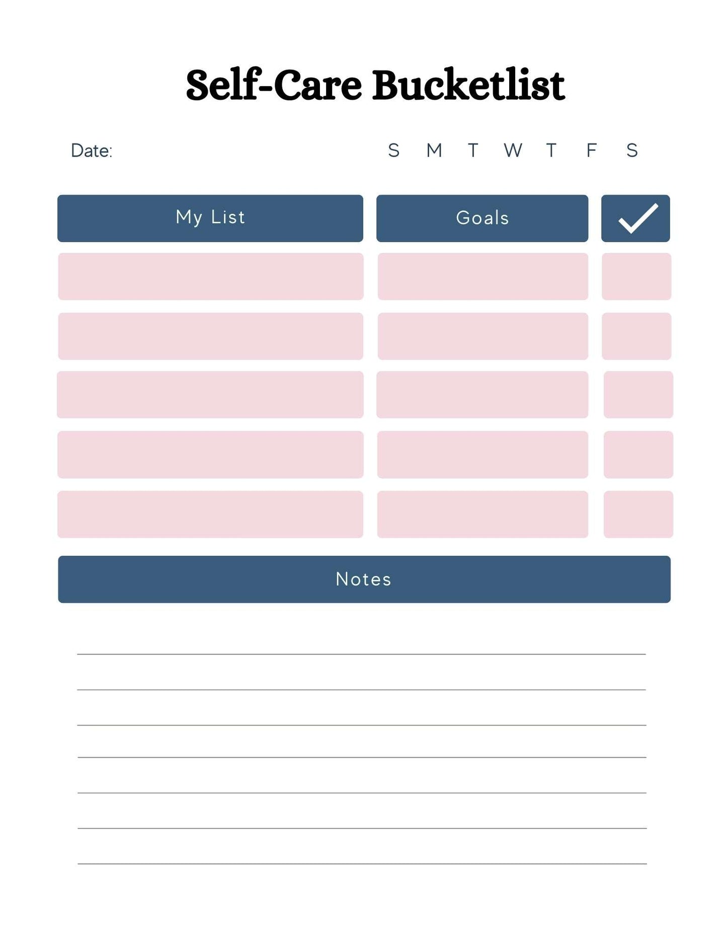 Self-care bucket list page from 56-page mental health planner.