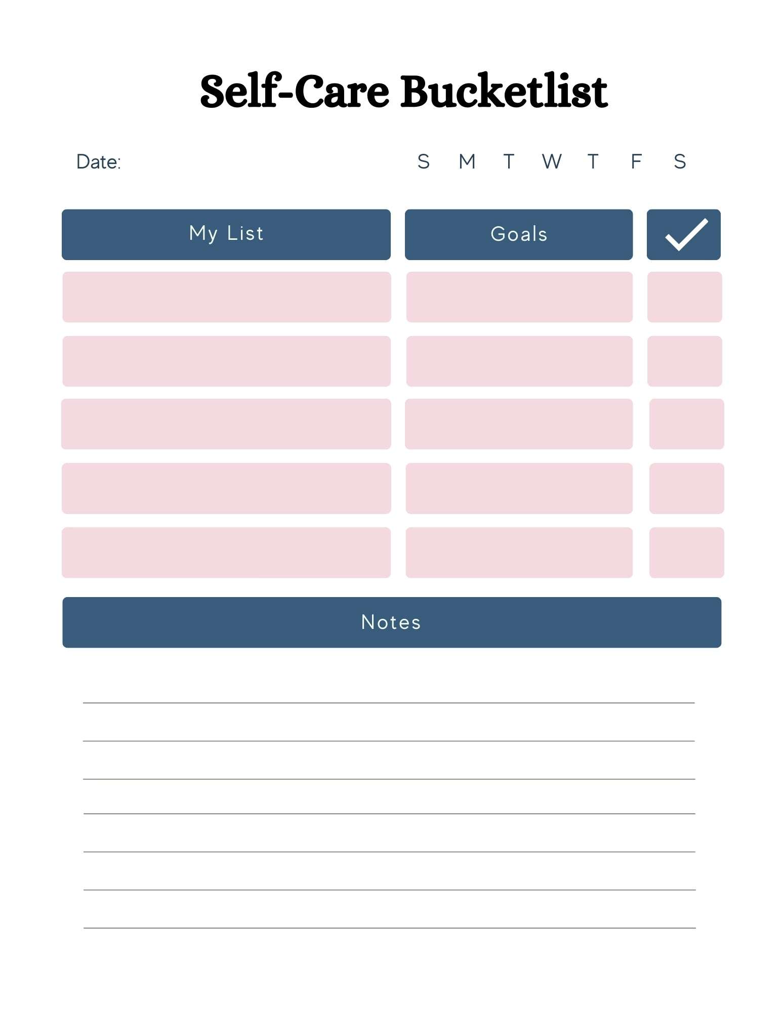 Self-care bucket list page from 56-page mental health planner.