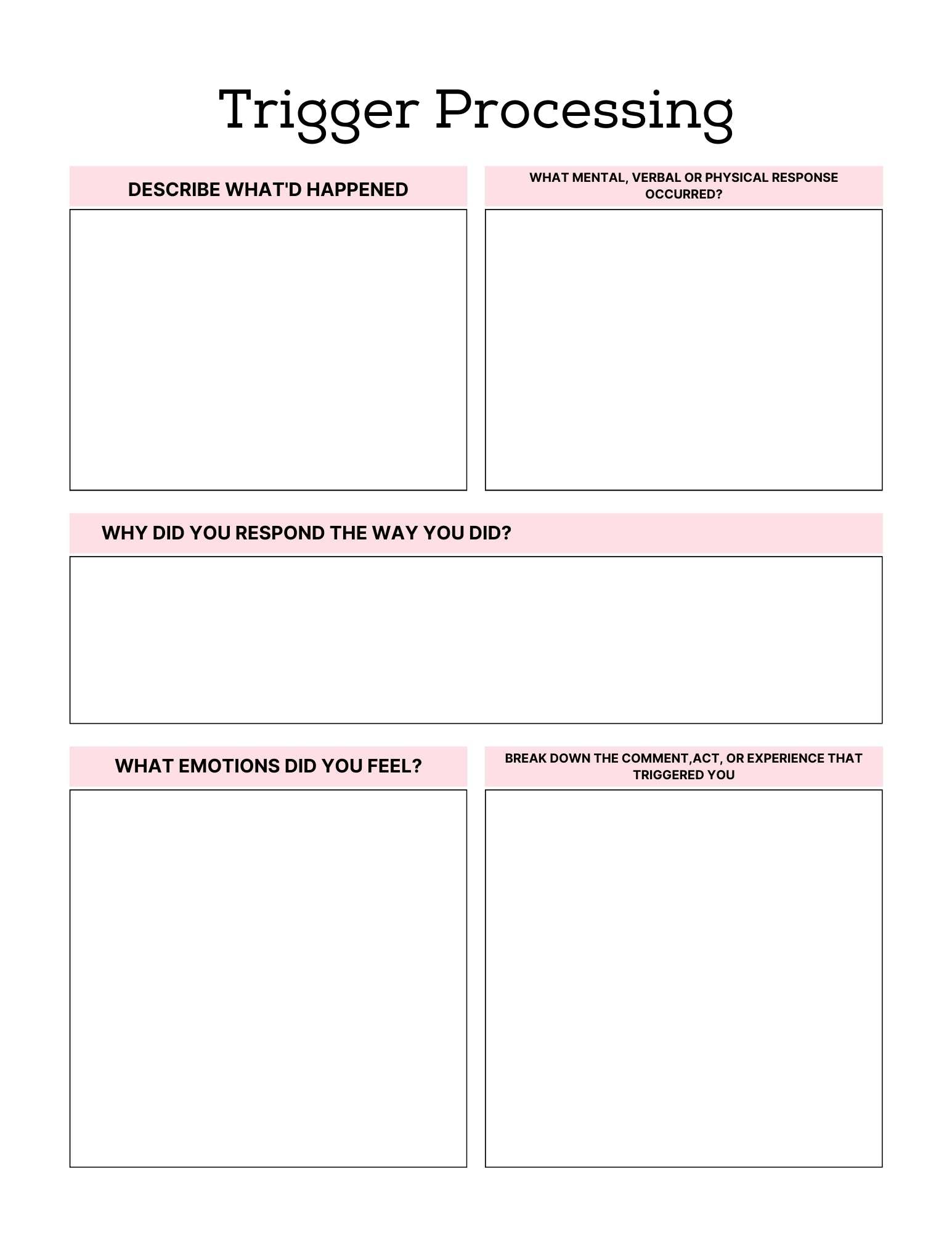 PTSD & Trauma Processing Workbook page for trigger processing exercises.