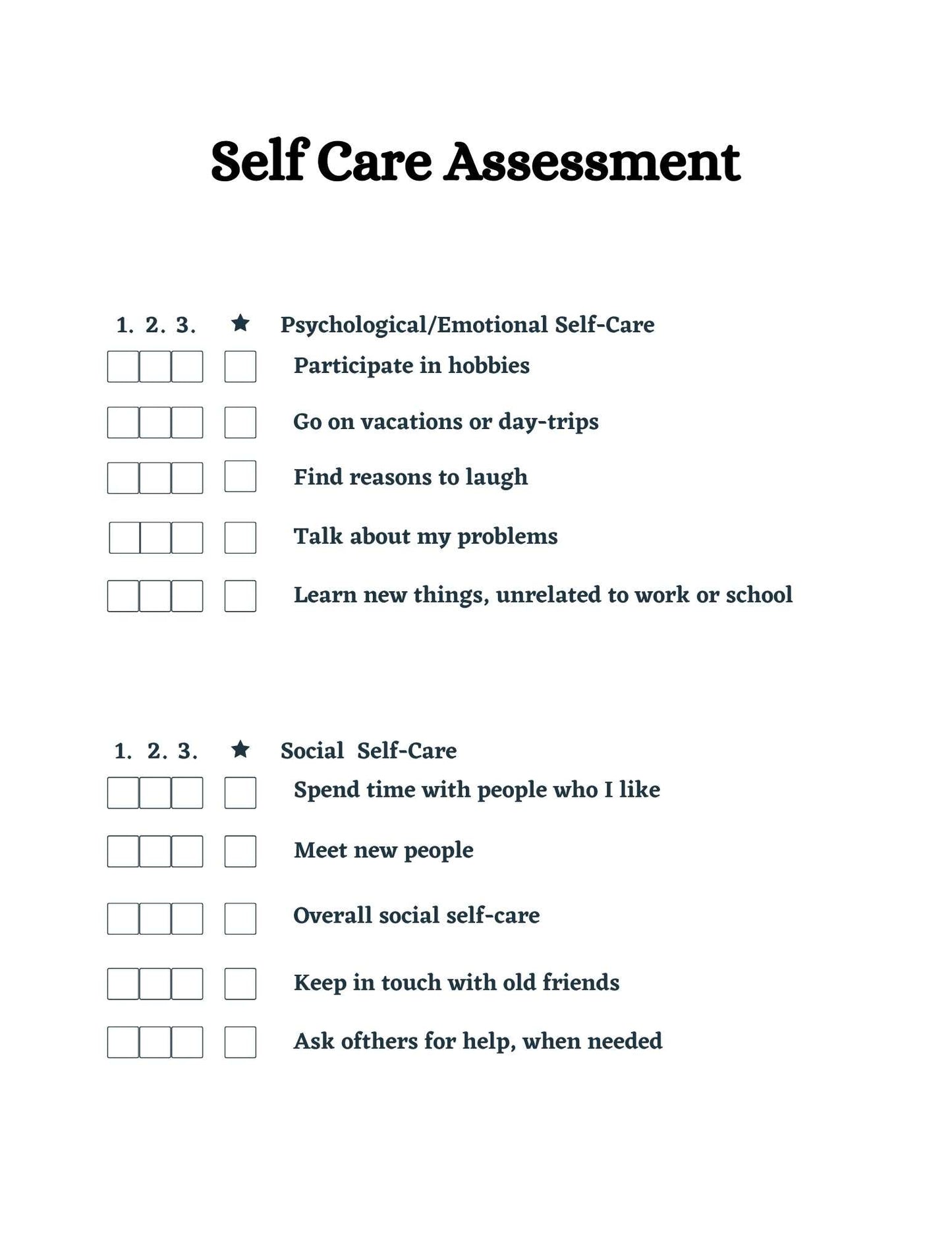 Self-care assessment page from the 56-page mental health planner for emotional and social wellness.