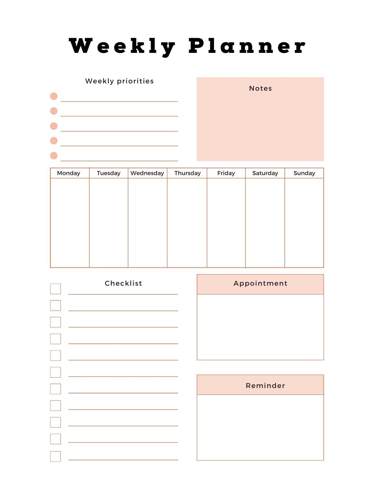 PTSD & Trauma Processing Workbook - Weekly Planner Page, featuring sections for priorities, notes, checklist, appointments, and reminders.