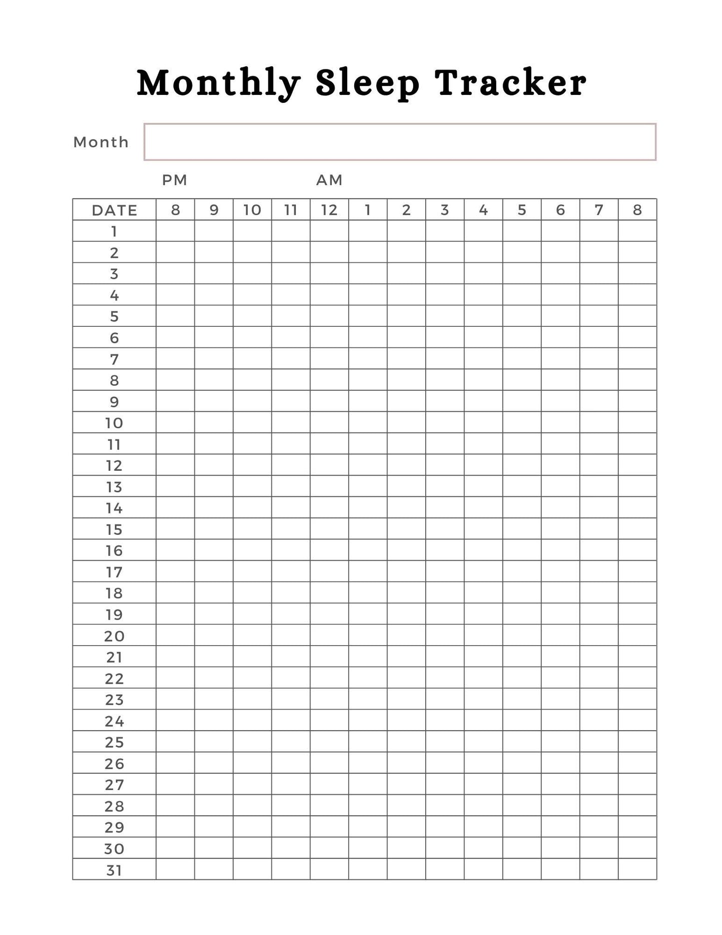 Monthly sleep tracker page from the Mental Health Planner - 56 pages.