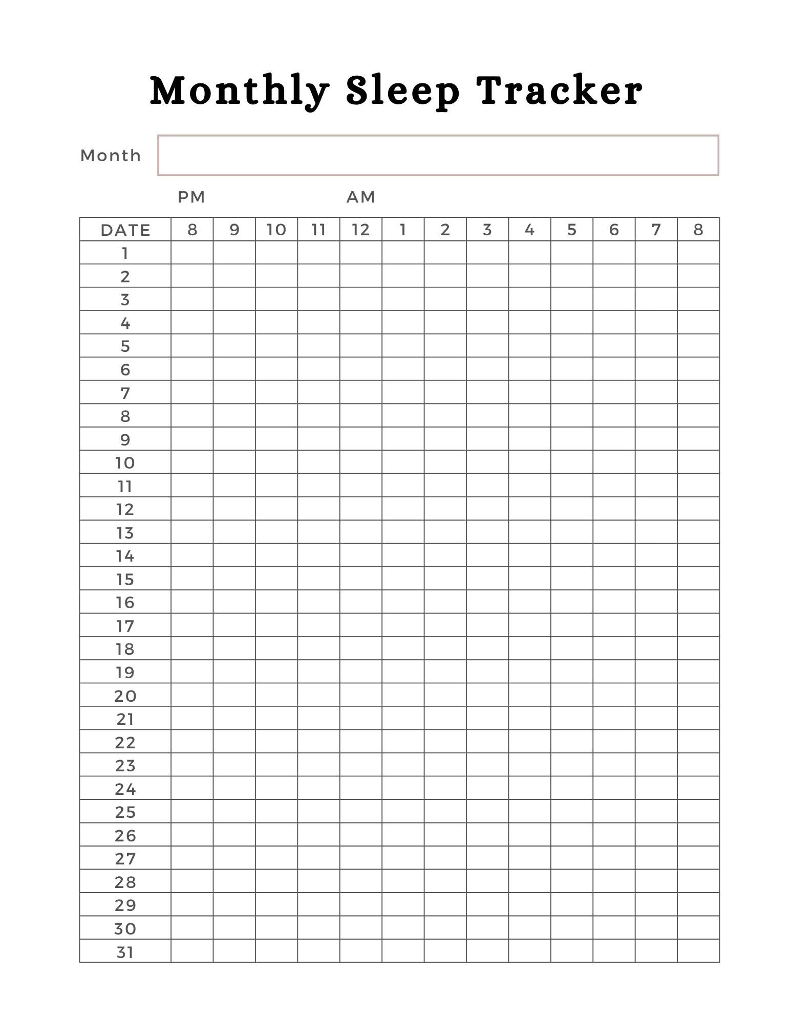 Monthly sleep tracker page from the Mental Health Planner - 56 pages.