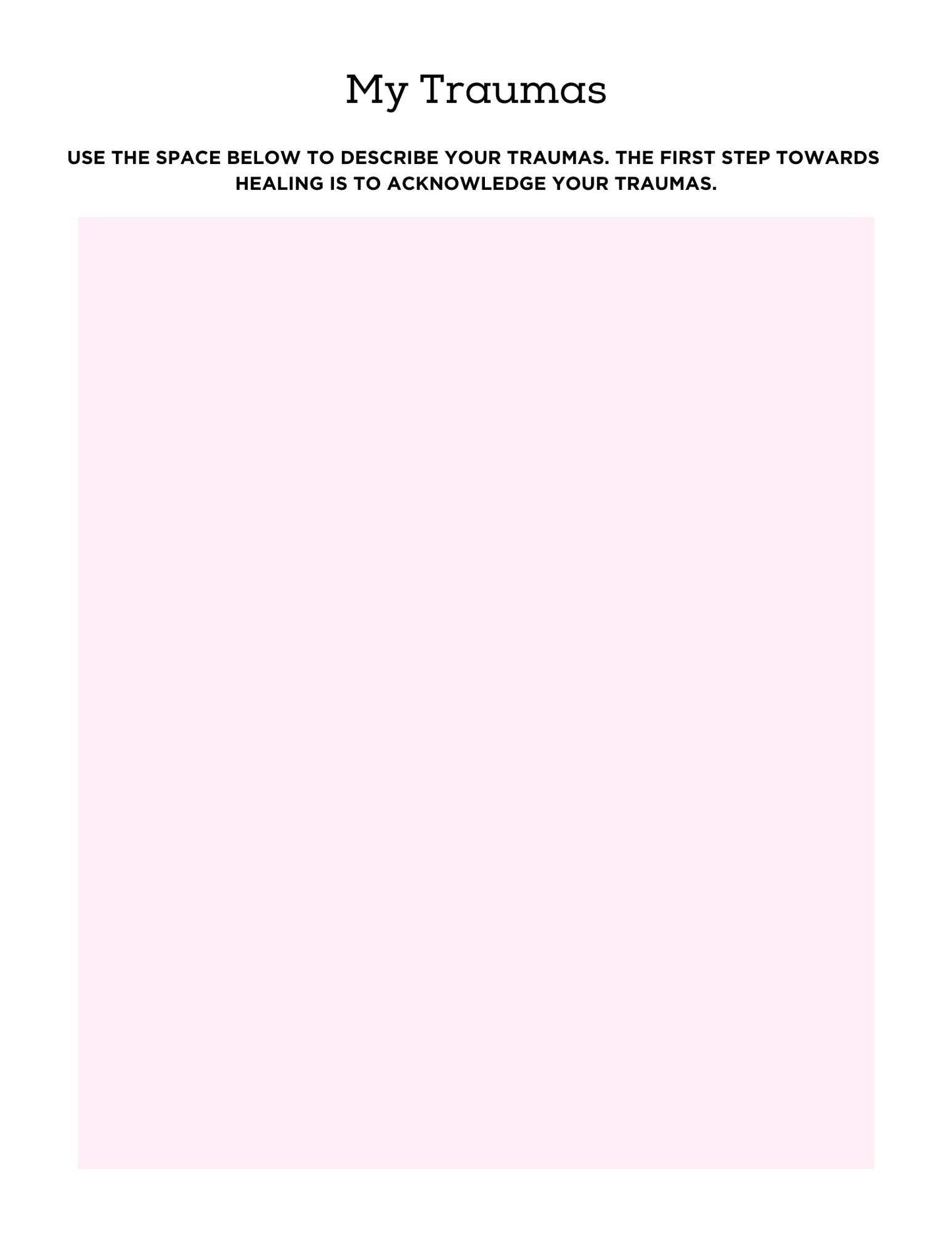 PTSD & Trauma Processing Workbook page for describing personal traumas.