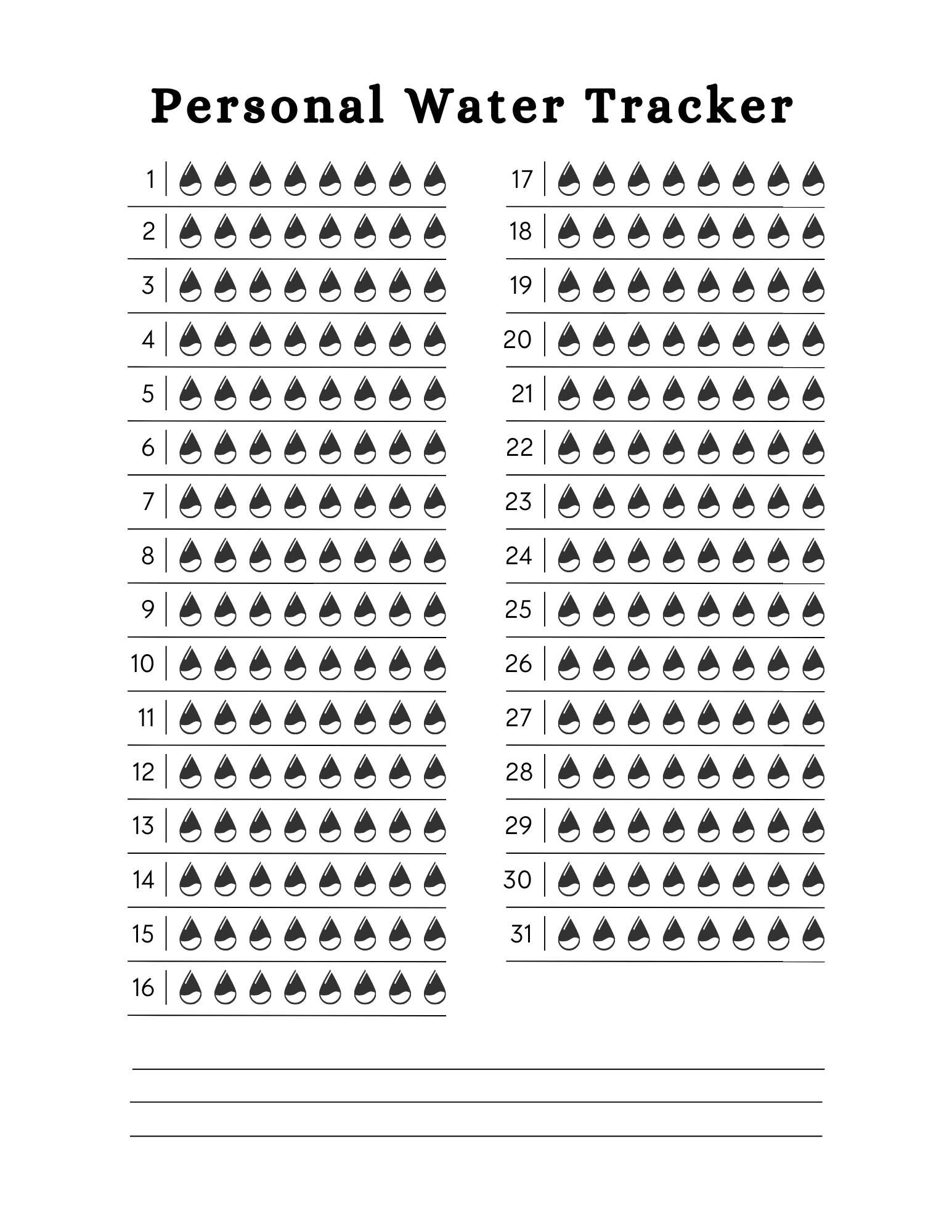 Personal water tracker page from the 56-page Mental Health Planner, designed for wellness and self-care.