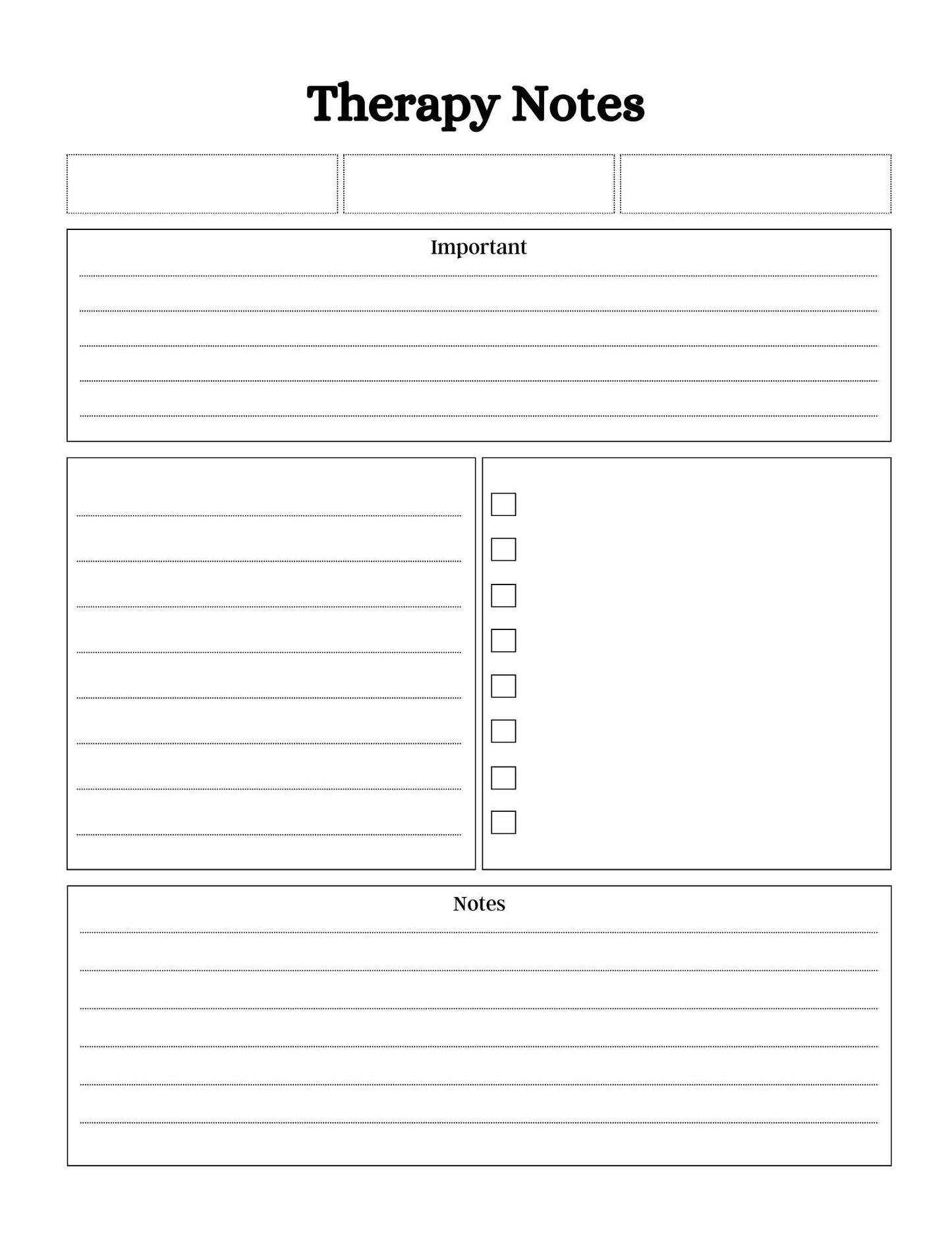 MENTAL HEALTH PLANNER -56 pages, therapy notes section with important and general notes, checklist.