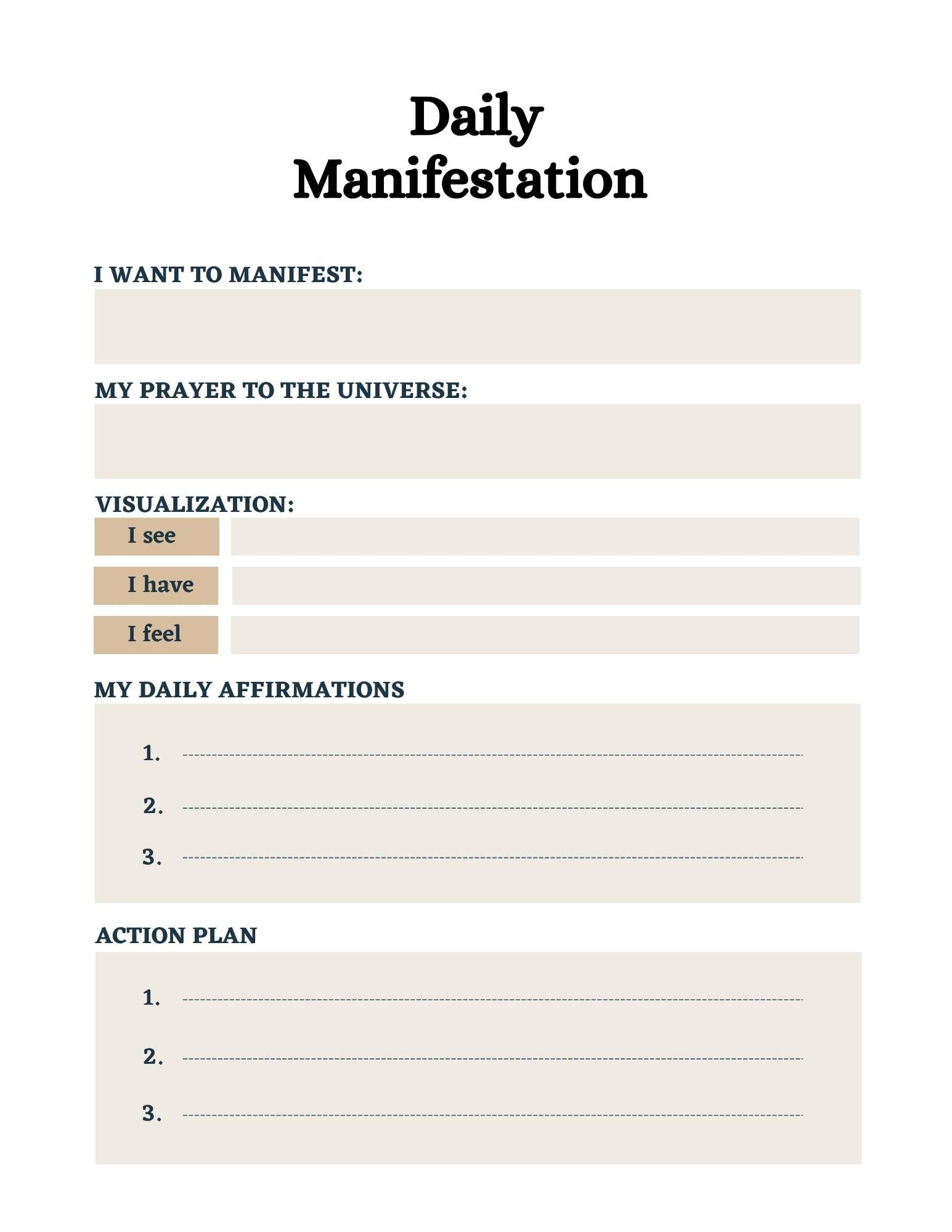 Daily Manifestation page from the 56-page Mental Health Planner, featuring sections for manifesting, prayers, visualizations, daily affirmations, and action plans.