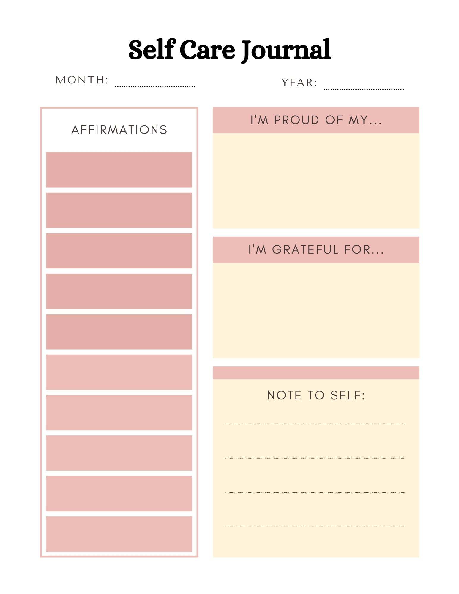 Mental health planner page featuring sections for affirmations, gratitude, and self-reflection prompts.