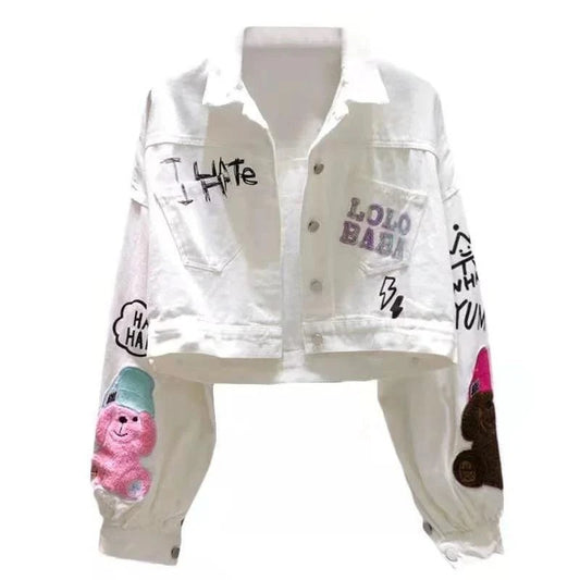 Cartoon Flocking Letter Print Denim Jacket | Women’s Short Jean Coat ?mbrace playful style with the cartoon flocking letter print white denim jacket. This trendy short jean coat features a unique design that blends comfort and fun, maShop All I WantShop All I WantCartoon Flocking Letter Print Denim Jacket