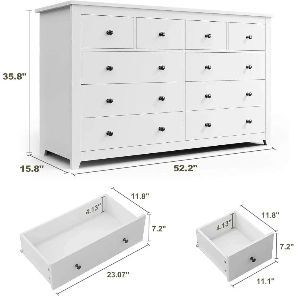 Modern white dresser Shop All I Want Bedroom Dresser with 10 Drawers, Wood with Smooth Metal Rails, White, This sleek, modern bedroom dresser offers both style and storage, with 10 spacious drawers designed for easy organization. Made from wood with smooth metal rails, itShop All I WantShop All I WantSmooth Metal Rails, White, 52