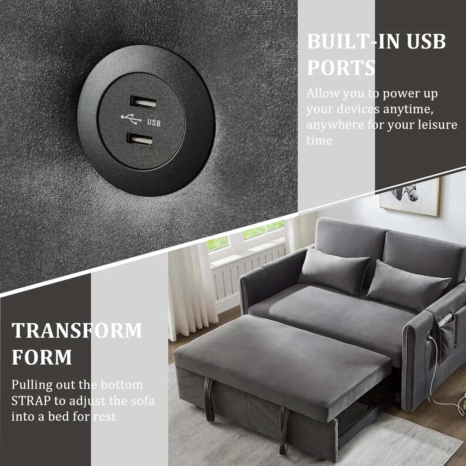 Shop All I Want Convertible Sofa Bed with USB Ports: Relax & Recharge 🛋️ | 55” ModernUpgrade your living space with the Convertible Sofa Bed that combines comfort, functionality, and modern style. This 55" velvet sofa bed features an adjustable backrShop All I WantShop All I Want55” Modern Velvet, Adjustable Backrest