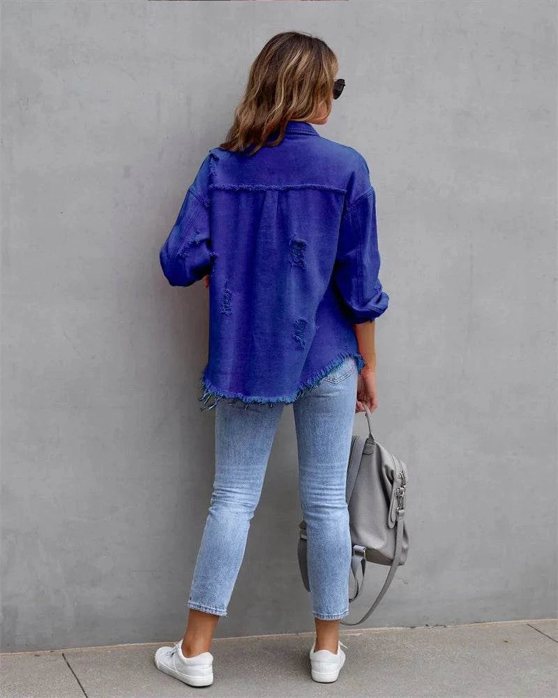 Raw-Edges Denim Jacket | Casual Women’s Outerwear for Spring & Autumn Step out in style with this 2025 women’s raw-edges denim jacket, perfect for spring and autumn. Featuring a trendy shirt-style design with unique holes, this casual Shop All I WantShop All I WantRaw-Edges Denim Jacket