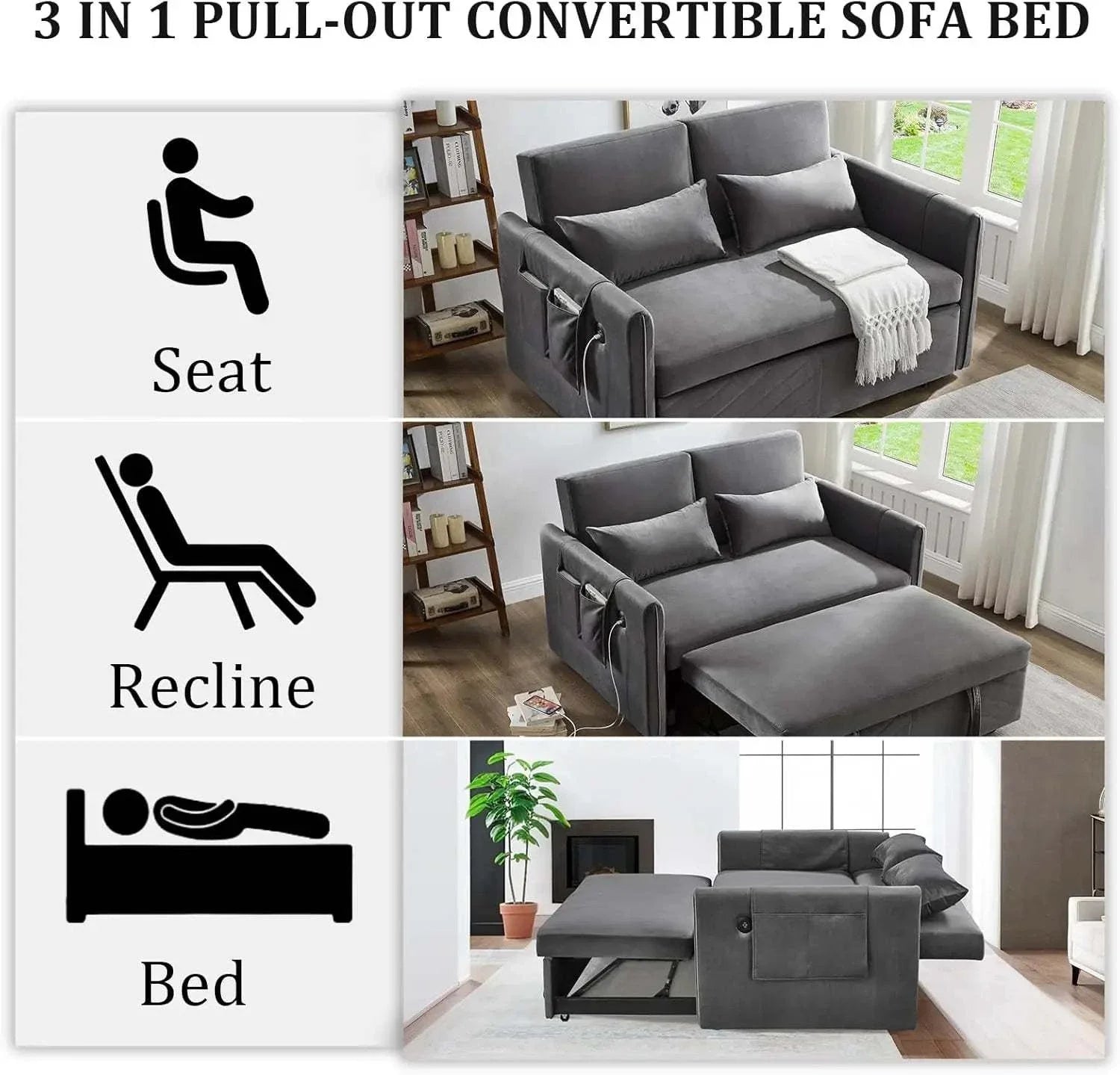 Adjustable Backrest Sofa Bed with USB Ports Shop All I Want Convertible Sofa Bed with USB Ports: Relax & Recharge 🛋️ | 55” ModernUpgrade your living space with the Convertible Sofa Bed that combines comfort, functionality, and modern style. This 55" velvet sofa bed features an adjustable backrShop All I WantShop All I Want55” Modern Velvet, Adjustable Backrest