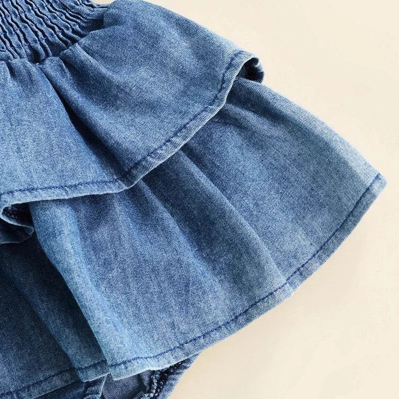 Baby Summer Denim Romper – Sleeveless, Ruffle Hem, Suspender Design wiDress your little one in style with this Baby Summer Denim Romper. Featuring a sleeveless design, ruffle hem, and a suspender style with snap buttons, this cute jumpShop All I WantShop All I WantBaby Summer Denim