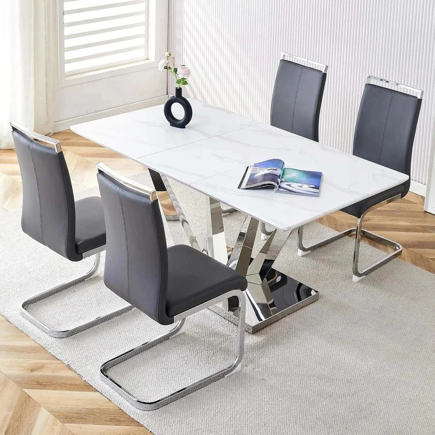 Shop All I Want 5-Piece Marble Dining Set 🍽️ | Table with Stainless Steel Base, Set fTransform your dining room with this elegant 5-Piece Marble Dining Set 🍽️, featuring a beautiful engineered wood and stainless steel combination for a sleek, modernShop All I WantShop All I Want4