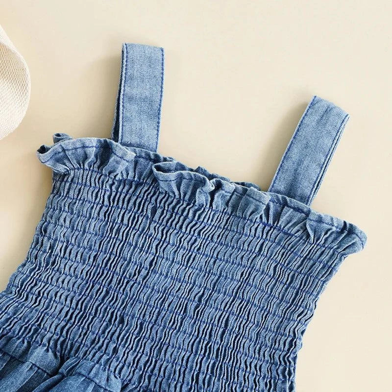 Baby Summer Denim Romper – Sleeveless, Ruffle Hem, Suspender Design wiDress your little one in style with this Baby Summer Denim Romper. Featuring a sleeveless design, ruffle hem, and a suspender style with snap buttons, this cute jumpShop All I WantShop All I WantBaby Summer Denim