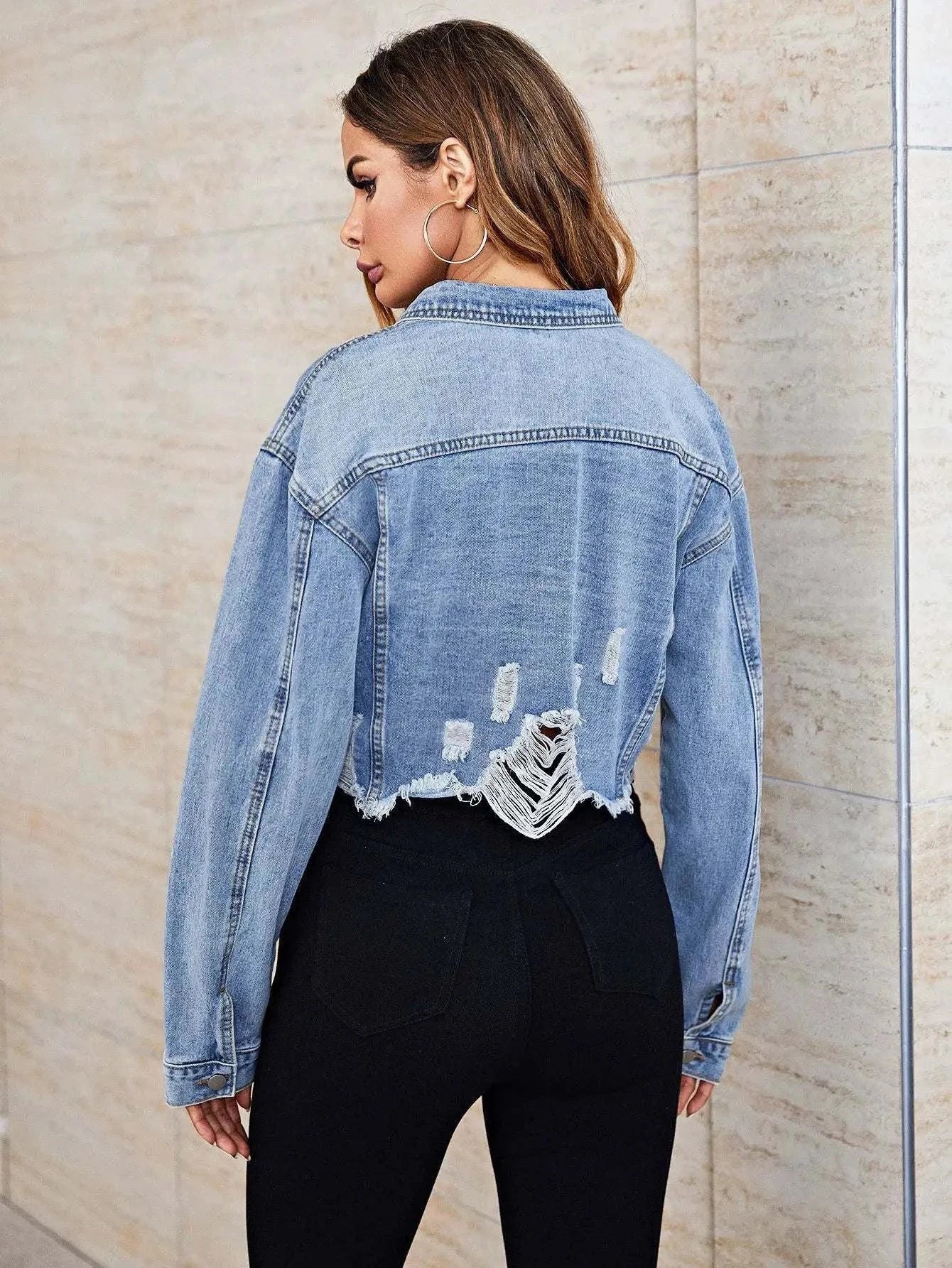 Shop All I Want Casual Women’s Torn Denim Jacket – European & American Street Fashion Elevate your casual wardrobe with this Casual Women’s Torn Denim Jacket, designed for those who embrace both European and American street fashion. Featuring stylish Shop All I WantShop All I WantTorn Denim Jacket – European & American Street Fashion Style 🇪🇺🇺🇸