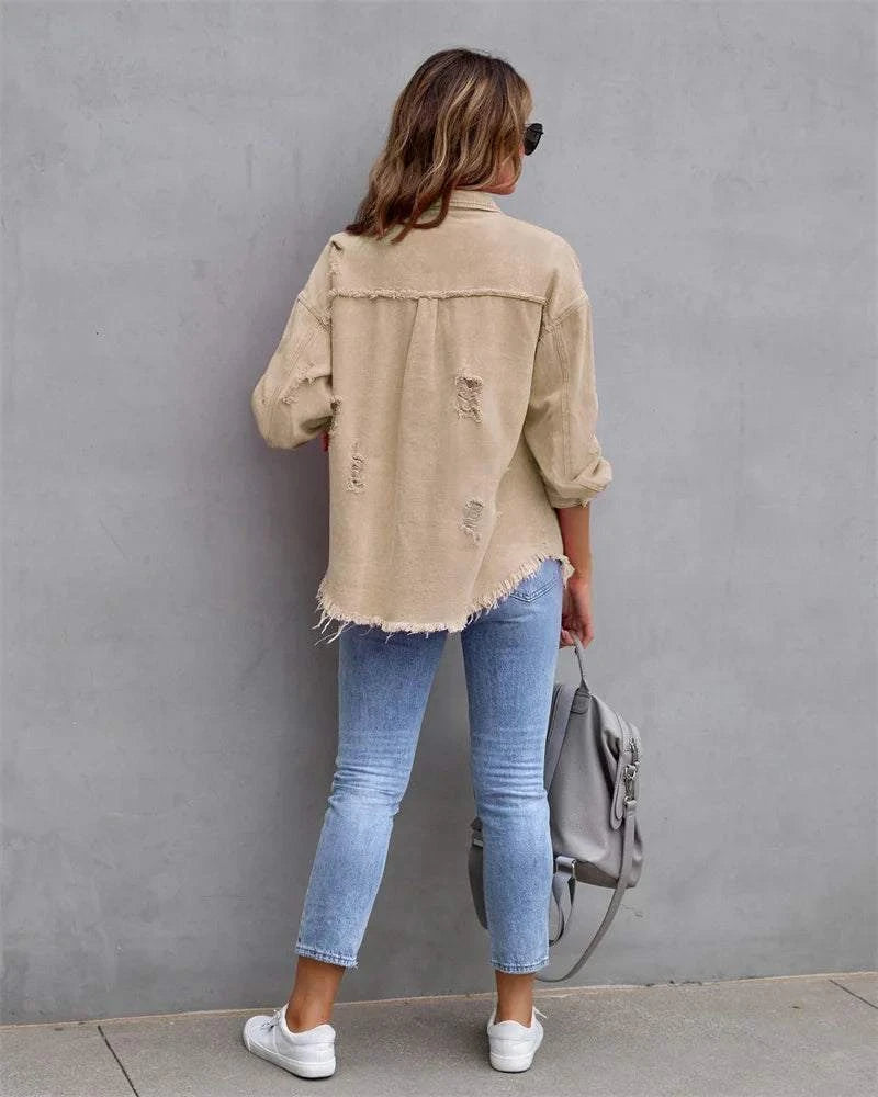Raw-Edges Denim Jacket | Casual Women’s Outerwear for Spring & Autumn Step out in style with this 2025 women’s raw-edges denim jacket, perfect for spring and autumn. Featuring a trendy shirt-style design with unique holes, this casual Shop All I WantShop All I WantRaw-Edges Denim Jacket