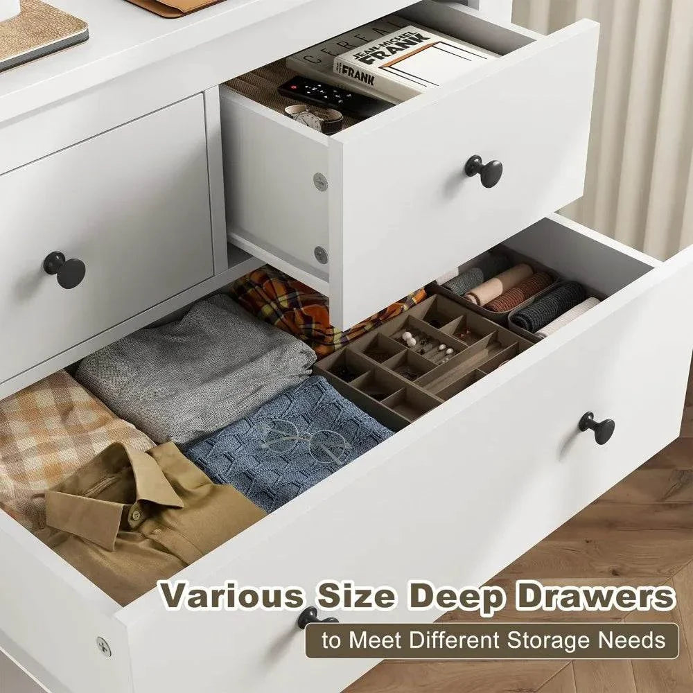 Modern white dresser Shop All I Want Bedroom Dresser with 10 Drawers, Wood with Smooth Metal Rails, White, This sleek, modern bedroom dresser offers both style and storage, with 10 spacious drawers designed for easy organization. Made from wood with smooth metal rails, itShop All I WantShop All I WantSmooth Metal Rails, White, 52