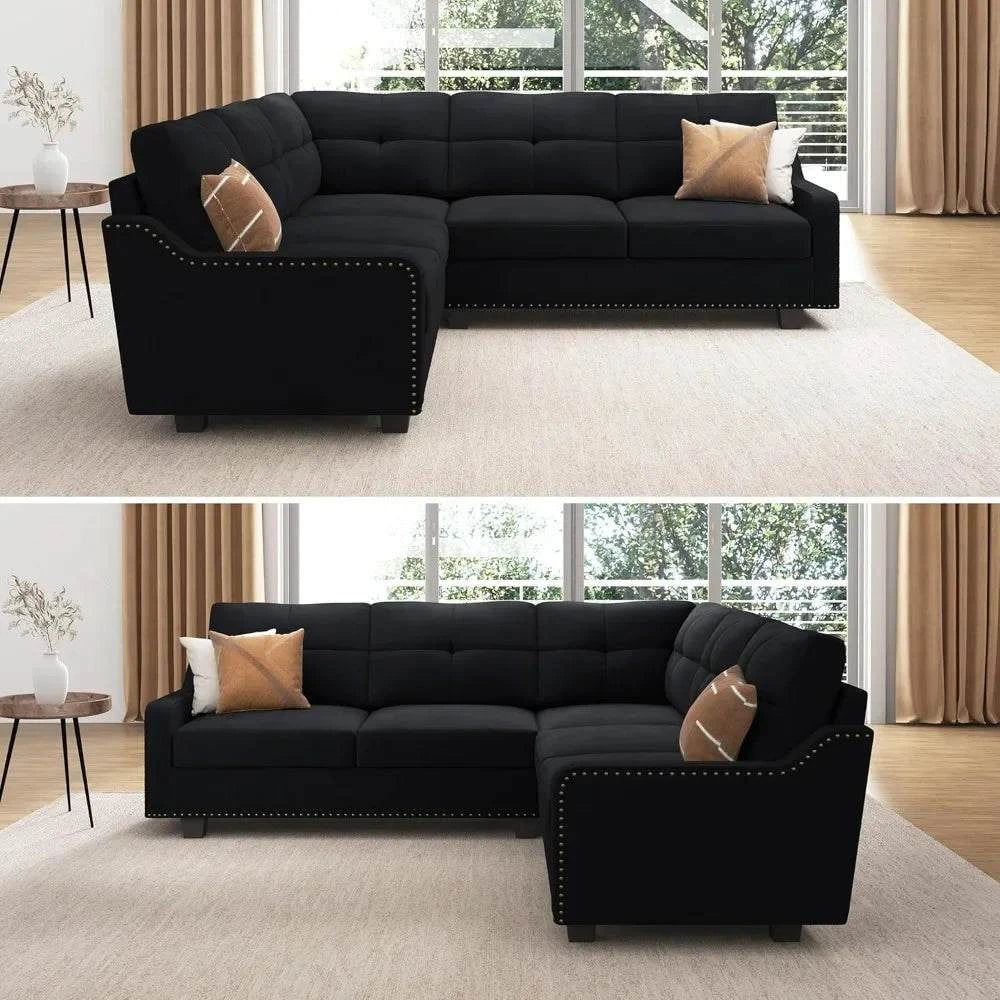 Convertible L-Shaped Velvet Black Sectional Sofa - Reversible Couch foElevate your living room with this versatile L-Shaped Sofa, designed to blend modern minimalism with traditional comfort. With its sponge filling and durable wooden Shop All I WantShop All I Want-Shaped Velvet Black Sectional Sofa - Reversible Couch