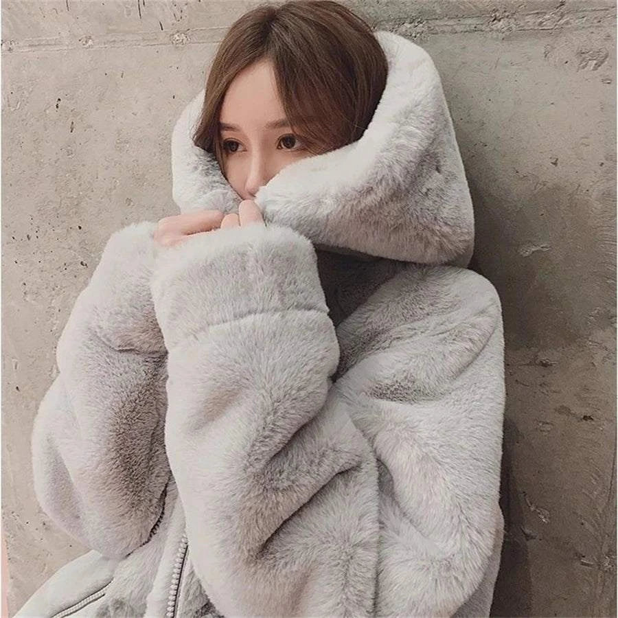 Hooded Faux Rabbit Fur Jacket – Loose Thicken Plush Coat for Women, LuStay cozy and stylish this winter with our Hooded Warm Loose Faux Rabbit Fur Jacket. Designed for ultimate comfort, this thicken plush coat features a luxurious fauxShop All I WantShop All I WantHooded Faux Rabbit Fur Jacket – Loose Thicken Plush Coat