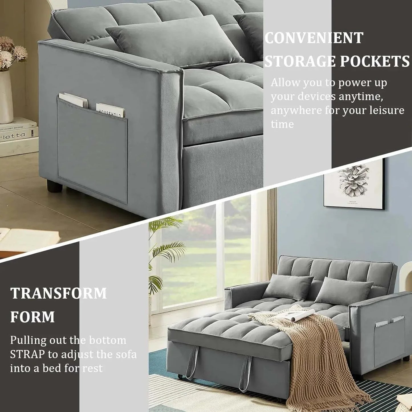 Shop All I Want Convertible Sofa Bed with USB Ports: Relax & Recharge 🛋️ | 55” ModernUpgrade your living space with the Convertible Sofa Bed that combines comfort, functionality, and modern style. This 55" velvet sofa bed features an adjustable backrShop All I WantShop All I Want55” Modern Velvet, Adjustable Backrest