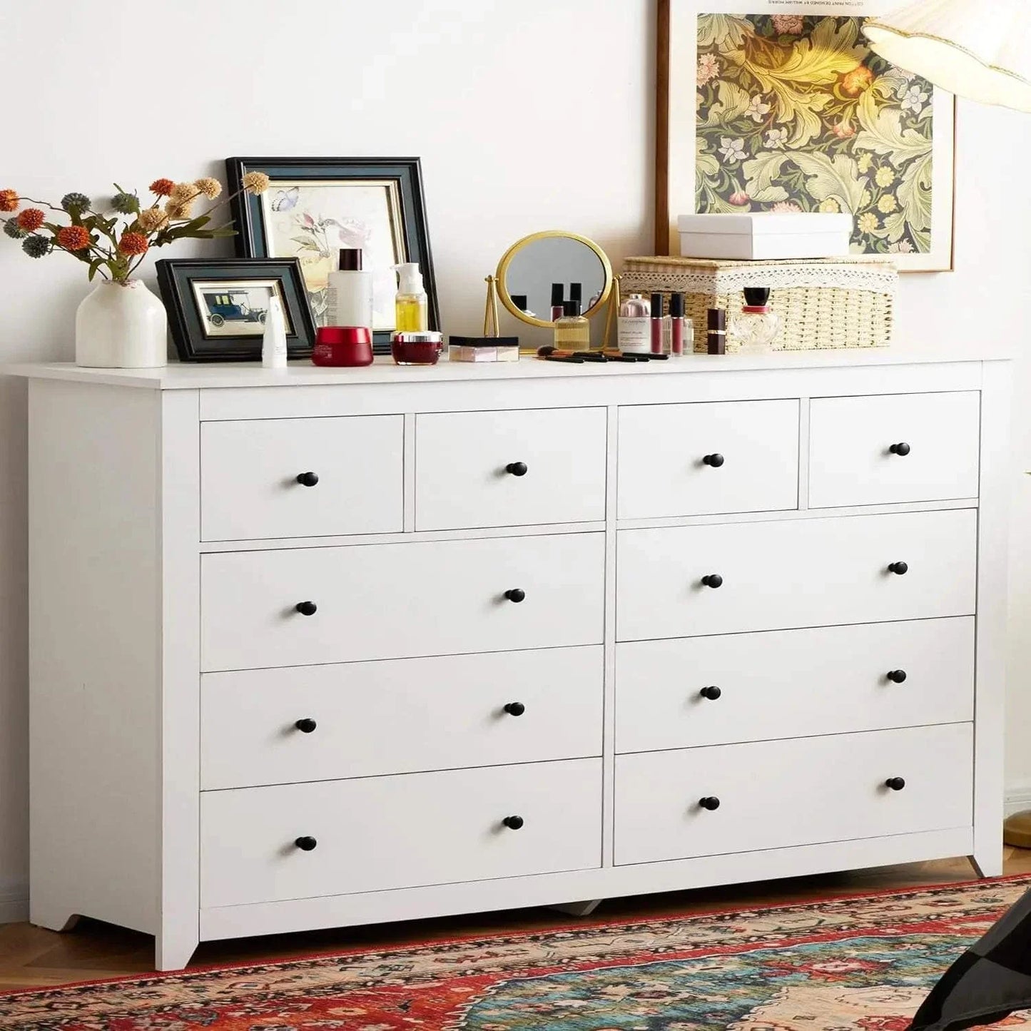 Modern white dresser Shop All I Want Bedroom Dresser with 10 Drawers, Wood with Smooth Metal Rails, White, This sleek, modern bedroom dresser offers both style and storage, with 10 spacious drawers designed for easy organization. Made from wood with smooth metal rails, itShop All I WantShop All I WantSmooth Metal Rails, White, 52