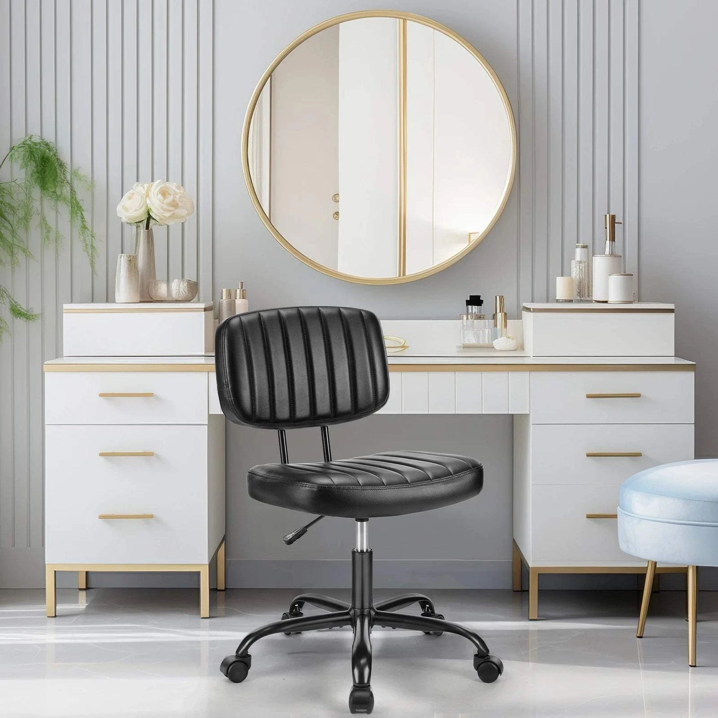 Armless Office Desk ChairElevate your workspace with this sleek, modern armless office desk chair. Crafted from genuine leather, it offers both style and comfort for long hours of productiviShop All I WantShop All I WantArmless Office Desk Chair
