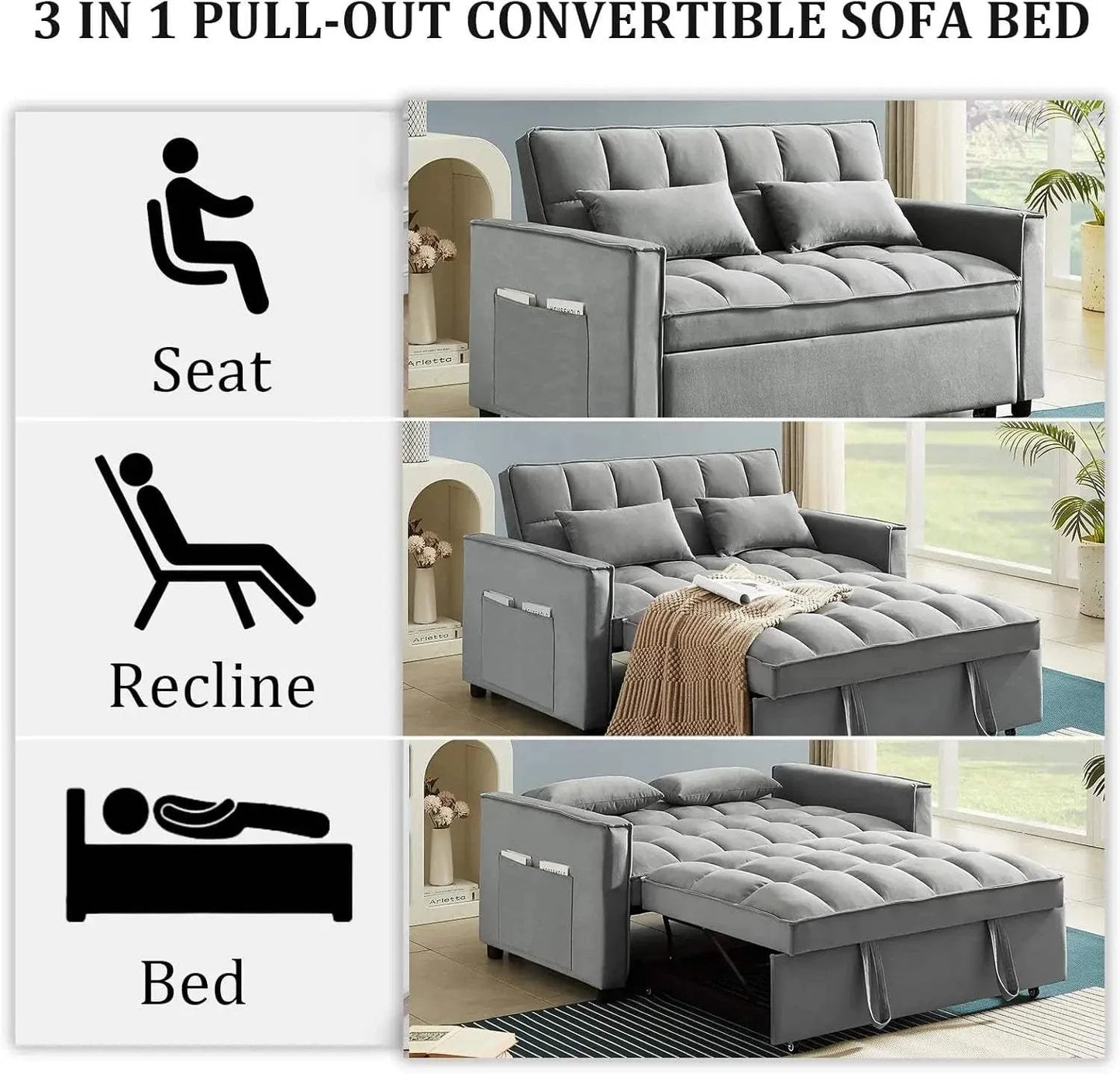 Shop All I Want Convertible Sofa Bed with USB Ports: Relax & Recharge 🛋️ | 55” ModernUpgrade your living space with the Convertible Sofa Bed that combines comfort, functionality, and modern style. This 55" velvet sofa bed features an adjustable backrShop All I WantShop All I Want55” Modern Velvet, Adjustable Backrest