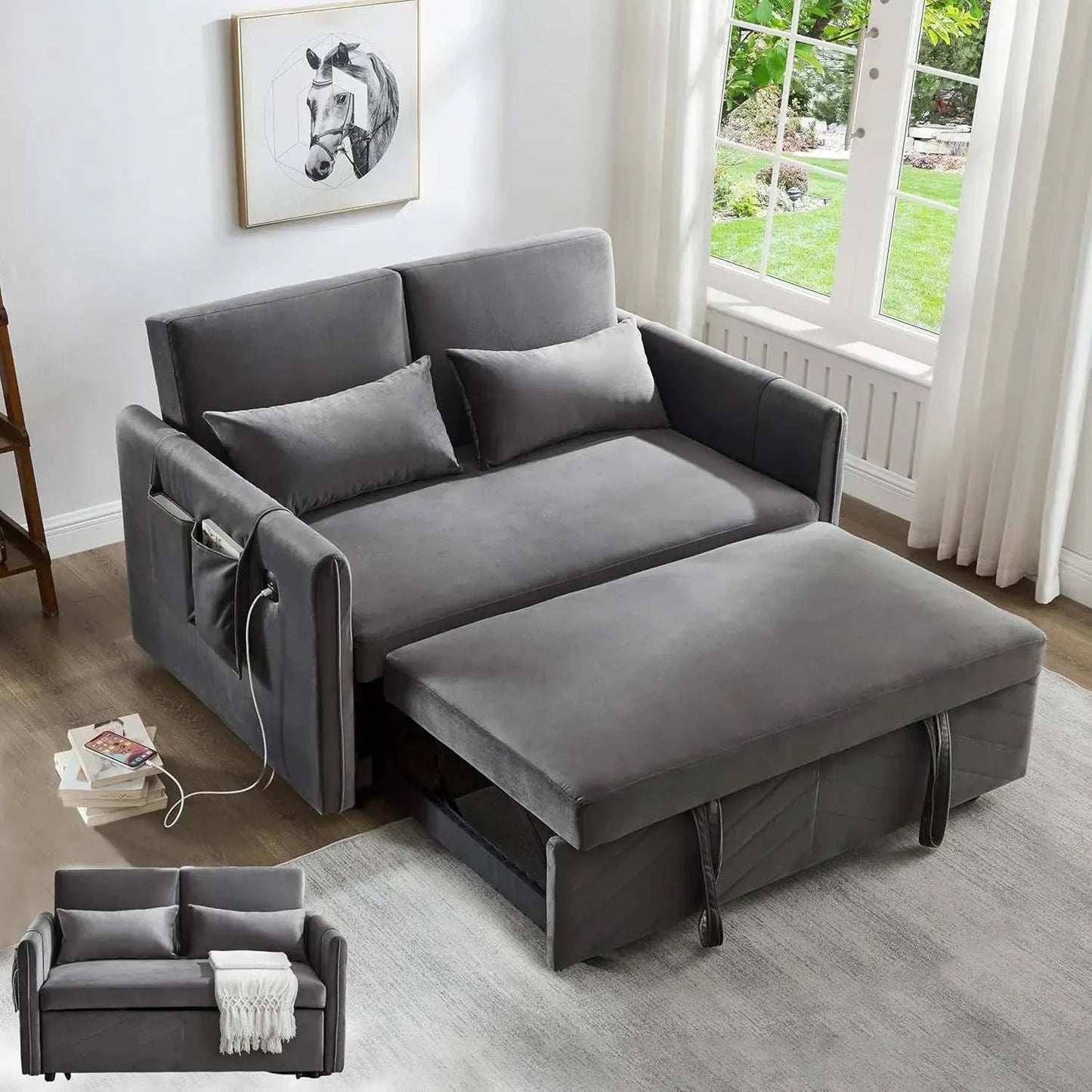 Convertible Sofa Shop All I Want Convertible Sofa Bed with USB Ports: Relax & Recharge 🛋️ | 55” ModernUpgrade your living space with the Convertible Sofa Bed that combines comfort, functionality, and modern style. This 55" velvet sofa bed features an adjustable backrShop All I WantShop All I Want55” Modern Velvet, Adjustable Backrest