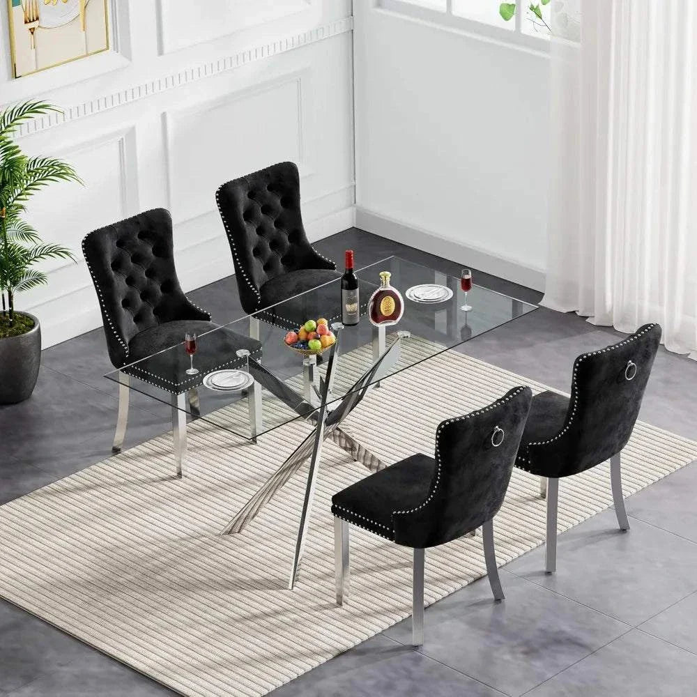 Shop All I Want 5-Piece Glass Dining Set 🍽️ | 51” Rectangular Table with Velvet ChairTransform your dining area with the 5-Piece Glass Dining Set 🍽️, featuring a stunning 51” rectangular tempered glass table paired with luxurious velvet chairs. PerfShop All I WantShop All I Want4