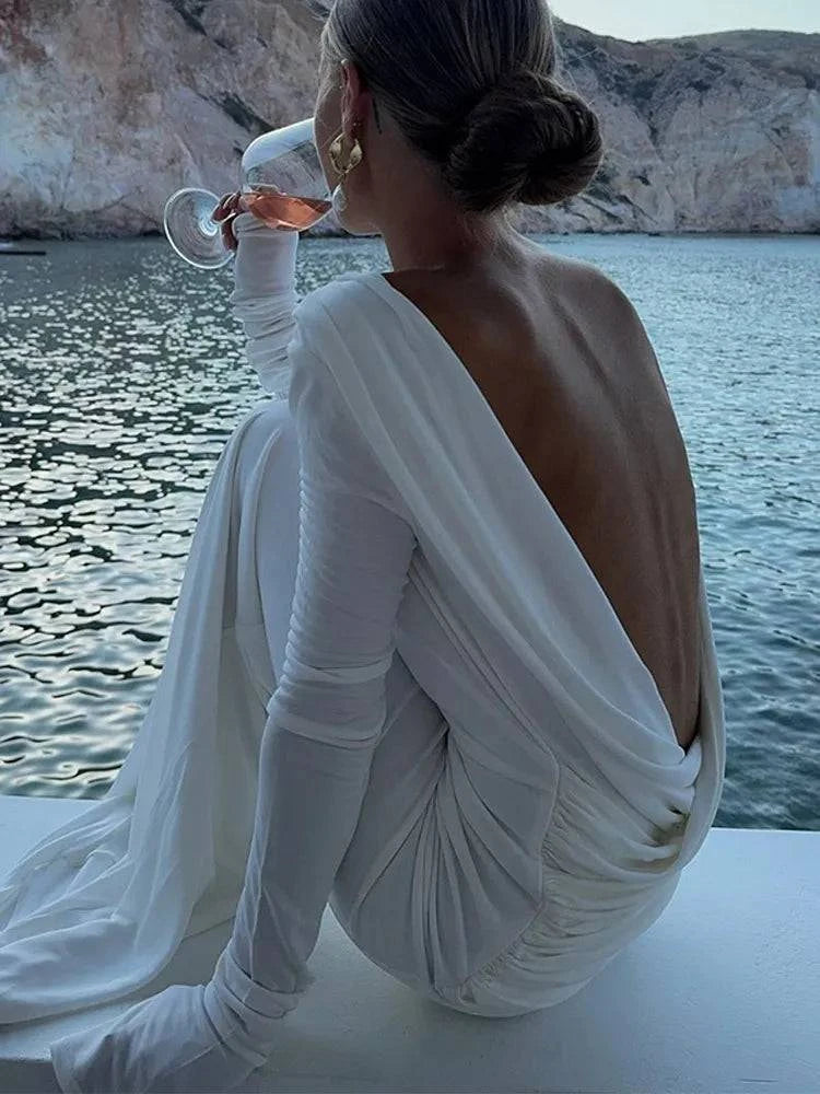 Chic Backless White Slim Fit Dress for Women - Elegant Pleated EveningMake a statement in this Chic Backless White Slim Fit Dress, the perfect choice for elegant evenings and special occasions. Featuring a flattering slim fit, this dreShop All I WantShop All I WantChic Backless White Slim Fit Dress