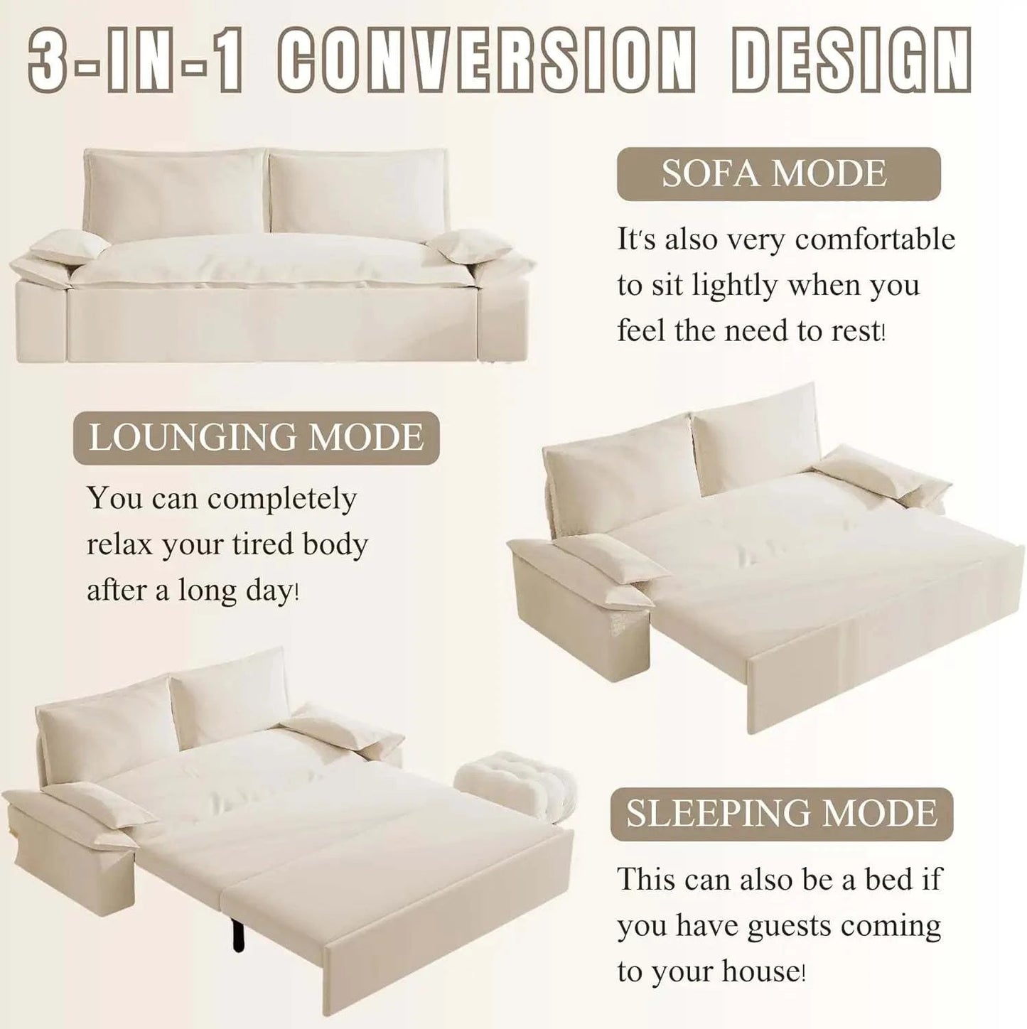 3-in-1 Convertible Queen Bed Sofa Size: 33.1 x 70.1 x 36Transform your sitting room designs with this Size: 33.1 x 70.1 x 36 3-in-1 Convertible Queen Bed Sofa, the perfect blend of style and versatility for modern home deShop All I WantShop All I Want-1 Convertible Queen Bed Sofa