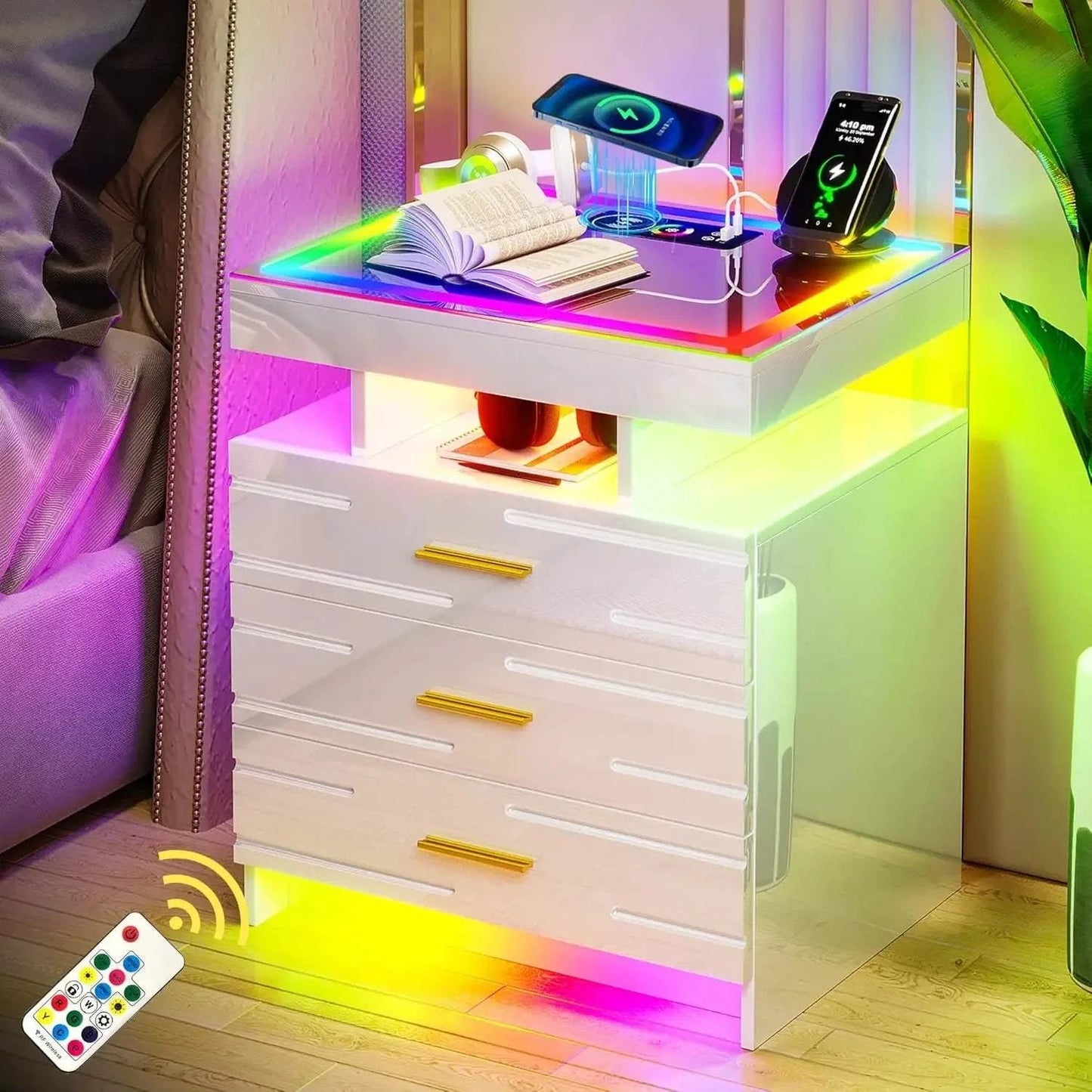 Auto LED Nightstand, Modern Bedside Table with 24 Color Lights & 3 DraAdd a modern touch to your bedroom with this sleek Auto LED Nightstand. Featuring 24 color-changing LED lights, this bedside table creates the perfect ambiance for aShop All I WantShop All I WantAuto LED Nightstand, Modern Bedside Table