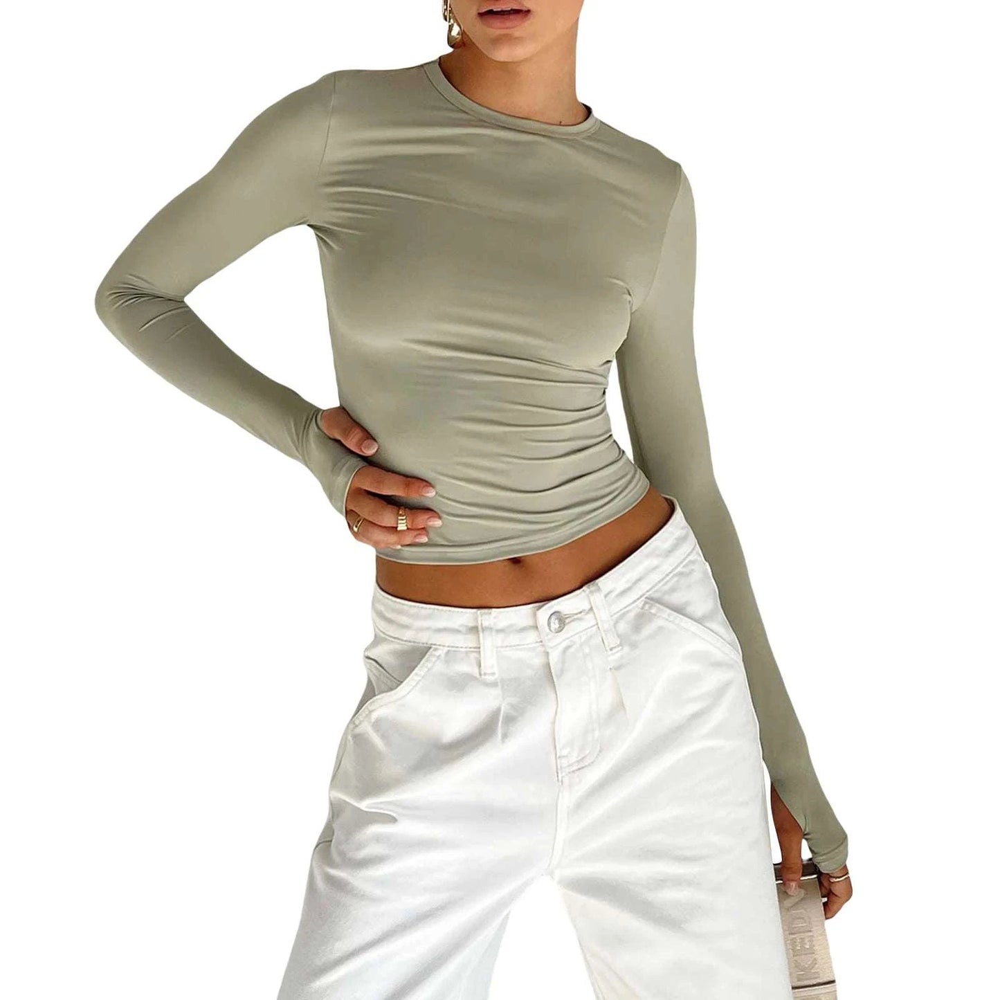Slim Fit Long Sleeve Crop TopElevate your casual look with the Chic Long Sleeve Crew Neck Crop Top. Designed for the modern woman, this slim-fit tee features a trendy crew neck and convenient thSHOP ALL I WANTShop All I WantSlim Fit Long Sleeve Crop Top