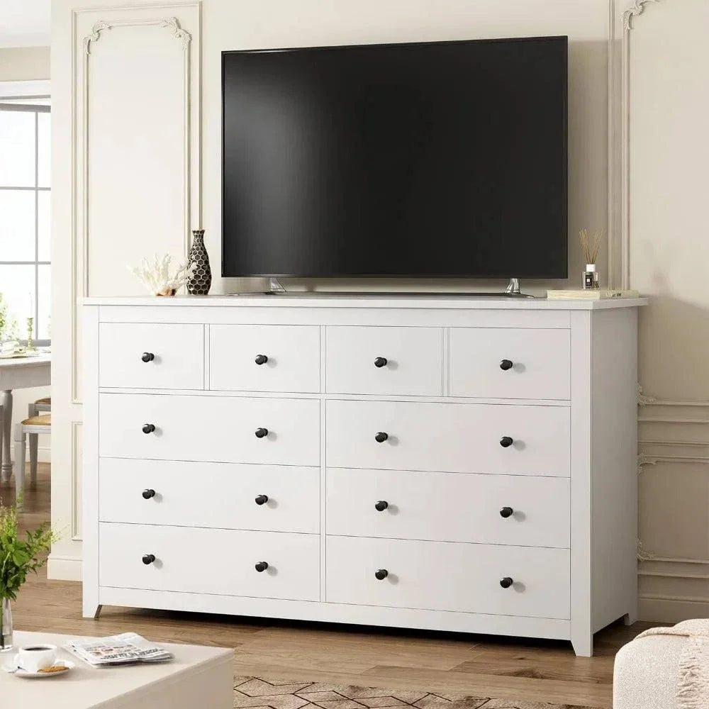 Modern white dresser Shop All I Want Bedroom Dresser with 10 Drawers, Wood with Smooth Metal Rails, White, This sleek, modern bedroom dresser offers both style and storage, with 10 spacious drawers designed for easy organization. Made from wood with smooth metal rails, itShop All I WantShop All I WantSmooth Metal Rails, White, 52