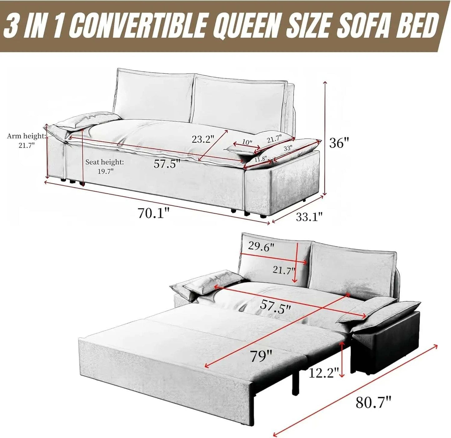 3-in-1 Convertible Queen Bed Sofa Size: 33.1 x 70.1 x 36Transform your sitting room designs with this Size: 33.1 x 70.1 x 36 3-in-1 Convertible Queen Bed Sofa, the perfect blend of style and versatility for modern home deShop All I WantShop All I Want-1 Convertible Queen Bed Sofa