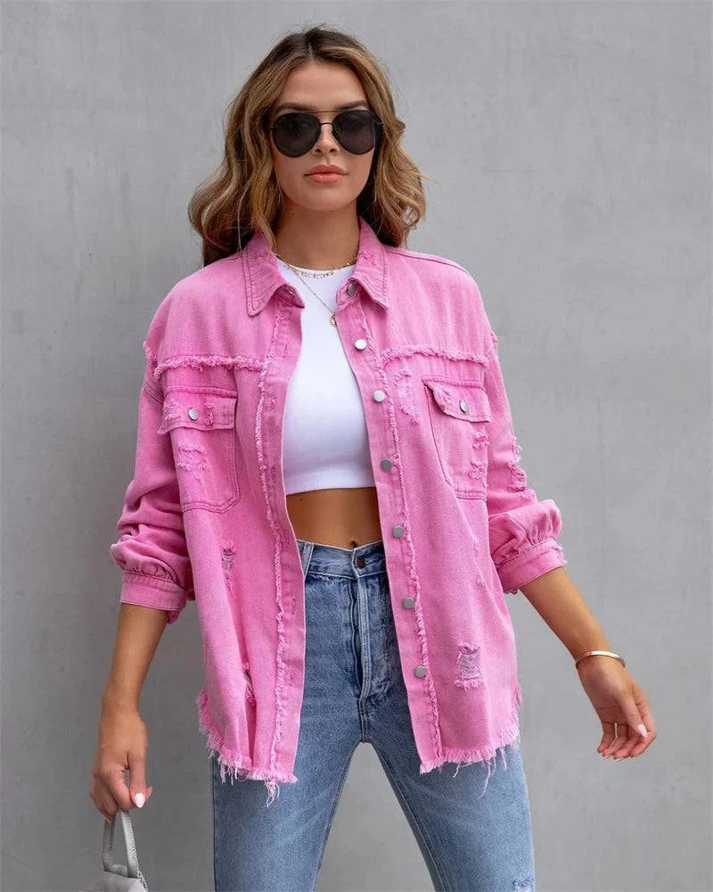 Raw-Edges Denim Jacket | Casual Women’s Outerwear for Spring & Autumn Step out in style with this 2025 women’s raw-edges denim jacket, perfect for spring and autumn. Featuring a trendy shirt-style design with unique holes, this casual Shop All I WantShop All I WantRaw-Edges Denim Jacket