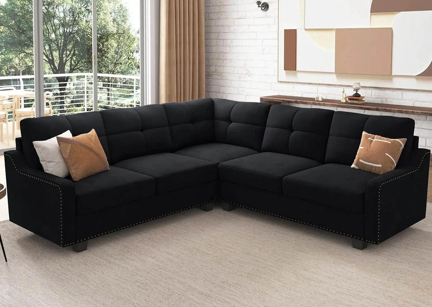 Convertible L-Shaped Velvet Black Sectional Sofa - Reversible Couch foElevate your living room with this versatile L-Shaped Sofa, designed to blend modern minimalism with traditional comfort. With its sponge filling and durable wooden Shop All I WantShop All I Want-Shaped Velvet Black Sectional Sofa - Reversible Couch