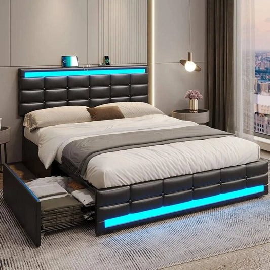 Black Queen Bed Frame with LED & Storage đSPECIFICATIONSBrand Name: NoEnName_NullWith Storage: YesHign-concerned Chemical: NoneOrigin: US(Origin)Installation Method: AssemblyWidth(Mattress Size): 1000mmWidthShop All I WantShop All I WantBlack Queen Bed Frame