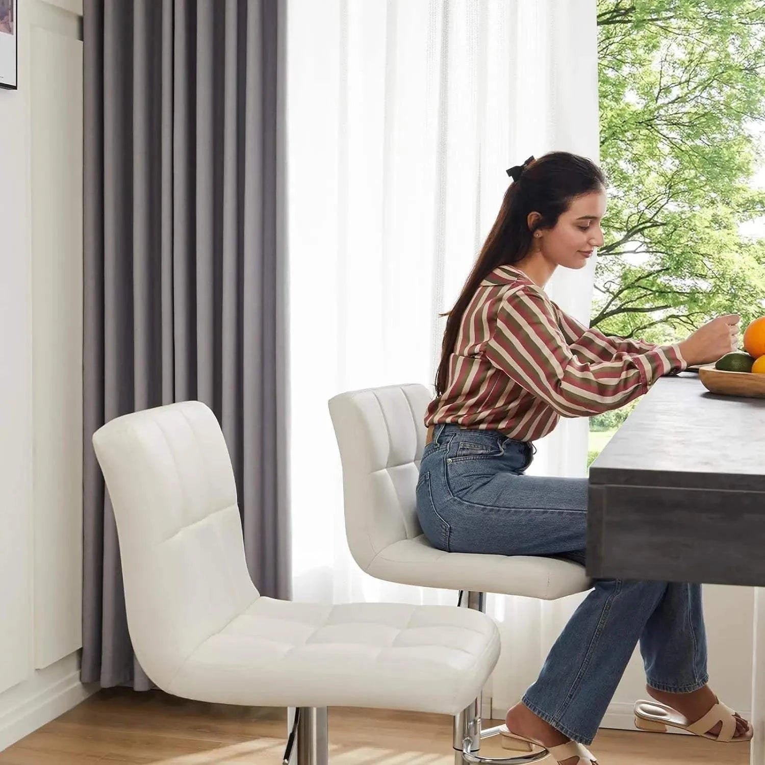 Bar Stools Set of 4, 24-inch Counter Height, PU Leather Saddle UpholstElevate your dining or kitchen space with this sleek set of four bar stools. Designed for comfort and style, the 24-inch counter height stools feature a PU leather sShop All I WantShop All I WantBar Stools Set