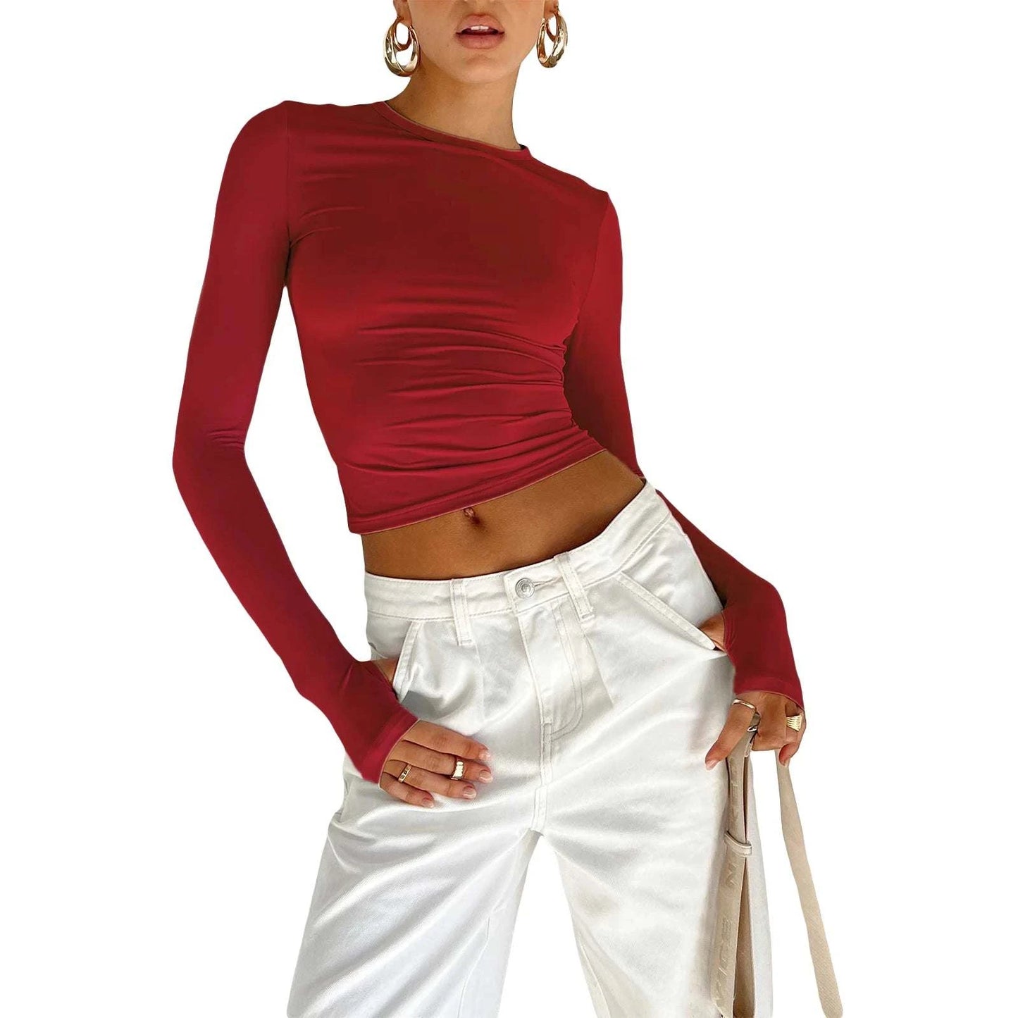 Slim Fit Long Sleeve Crop TopElevate your casual look with the Chic Long Sleeve Crew Neck Crop Top. Designed for the modern woman, this slim-fit tee features a trendy crew neck and convenient thSHOP ALL I WANTShop All I WantSlim Fit Long Sleeve Crop Top