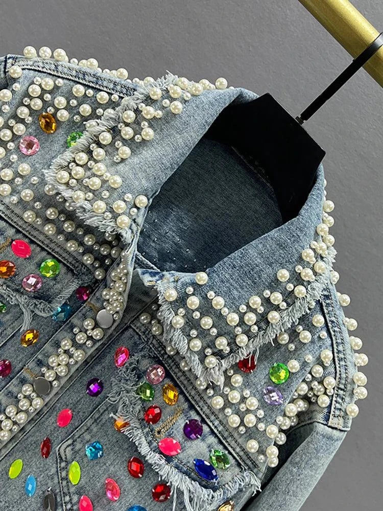 Women's Denim Coat Full Pearls & Beaded Crystal Long Sleeve Jacket 💎Shine in style with our women's denim coat adorned with stunning pearls and intricate beaded crystal embellishments. This long-sleeve jacket blends classic denim witShop All I WantShop All I WantDenim Coat Full Pearls & Beaded Crystal Long Sleeve Jacket 💎