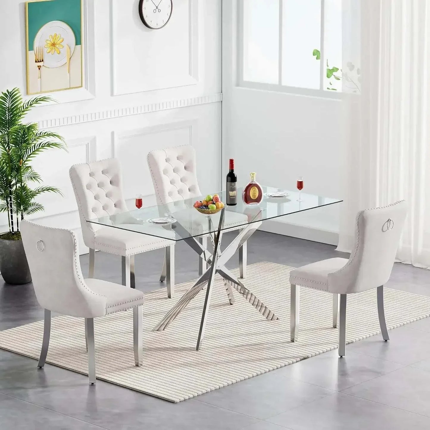 Shop All I Want 5-Piece Glass Dining Set 🍽️ | 51” Rectangular Table with Velvet ChairTransform your dining area with the 5-Piece Glass Dining Set 🍽️, featuring a stunning 51” rectangular tempered glass table paired with luxurious velvet chairs. PerfShop All I WantShop All I Want4