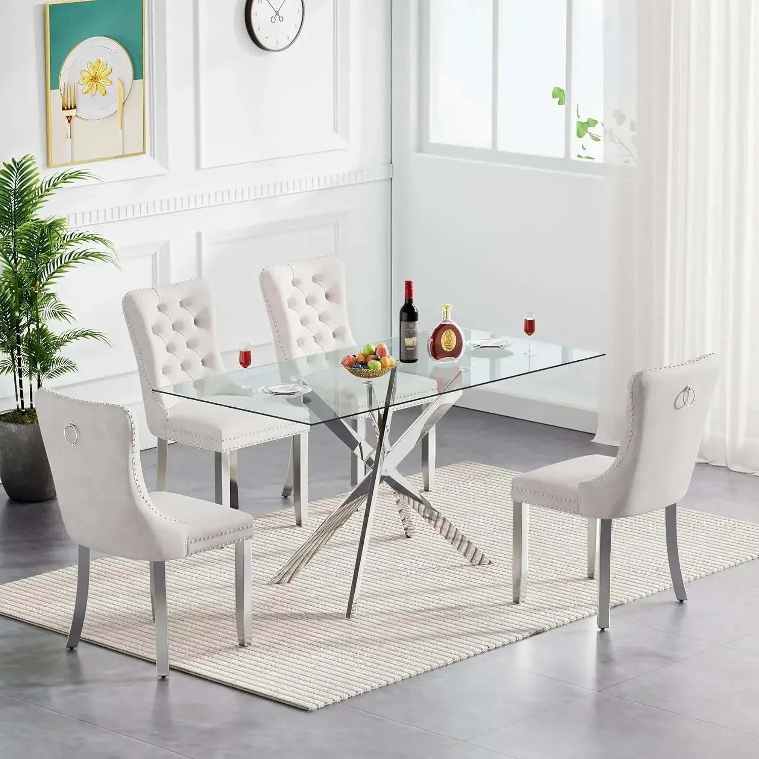 Shop All I Want 5-Piece Glass Dining Set 🍽️ | 51” Rectangular Table with Velvet ChairTransform your dining area with the 5-Piece Glass Dining Set 🍽️, featuring a stunning 51” rectangular tempered glass table paired with luxurious velvet chairs. PerfShop All I WantShop All I Want4