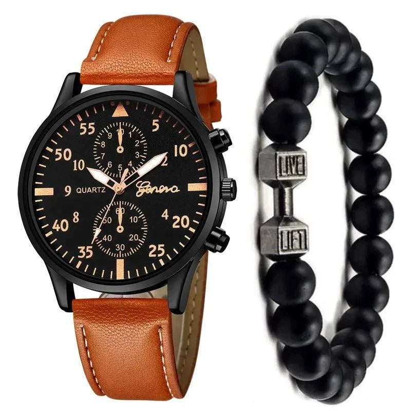 Men's Sports Watches Set | Luxury Quartz Wristwatch with Leather BraceElevate your style with this men's sports watches set, featuring a luxurious quartz wristwatch and a brown leather bracelet. This casual clock watch is perfect for bShop All I WantShop All I WantSports Watches Set