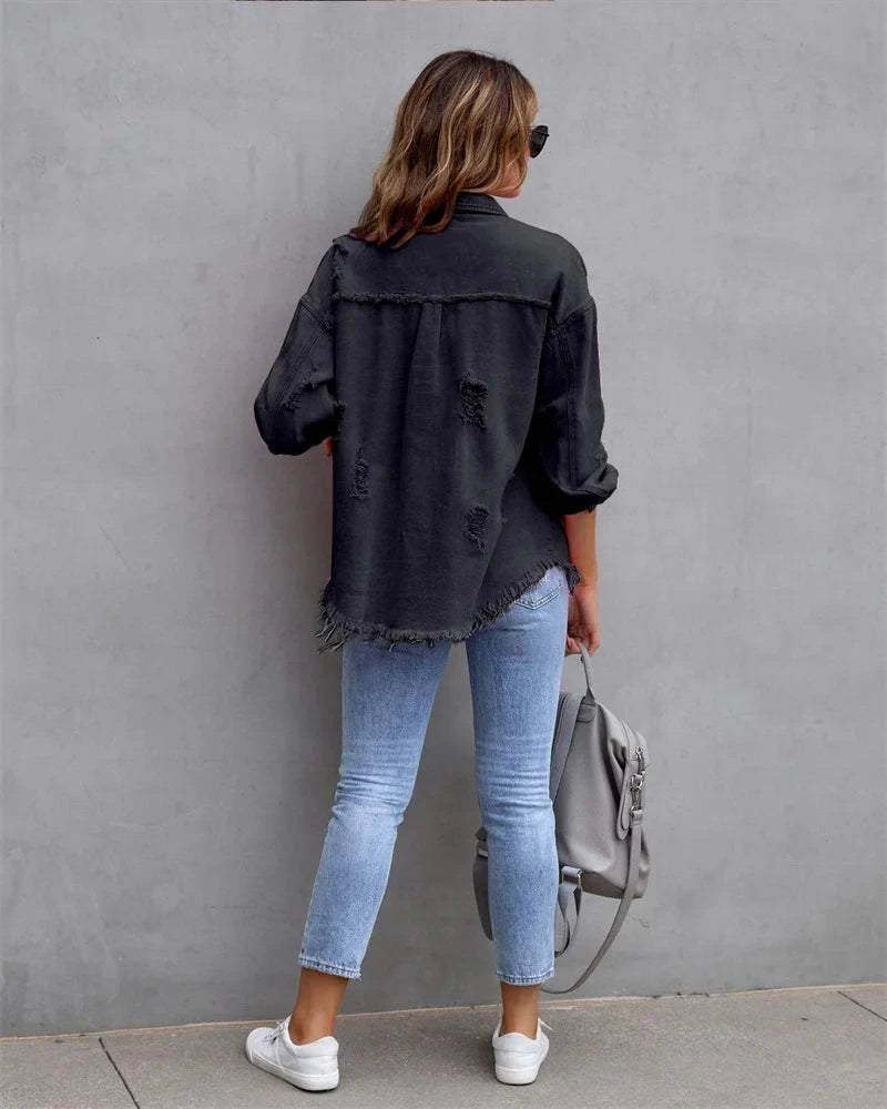 Raw-Edges Denim Jacket | Casual Women’s Outerwear for Spring & Autumn Step out in style with this 2025 women’s raw-edges denim jacket, perfect for spring and autumn. Featuring a trendy shirt-style design with unique holes, this casual Shop All I WantShop All I WantRaw-Edges Denim Jacket