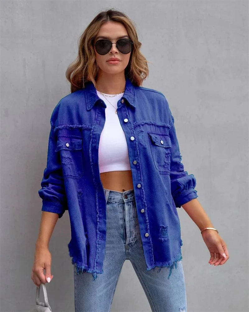 Raw-Edges Denim Jacket | Casual Women’s Outerwear for Spring & Autumn Step out in style with this 2025 women’s raw-edges denim jacket, perfect for spring and autumn. Featuring a trendy shirt-style design with unique holes, this casual Shop All I WantShop All I WantRaw-Edges Denim Jacket